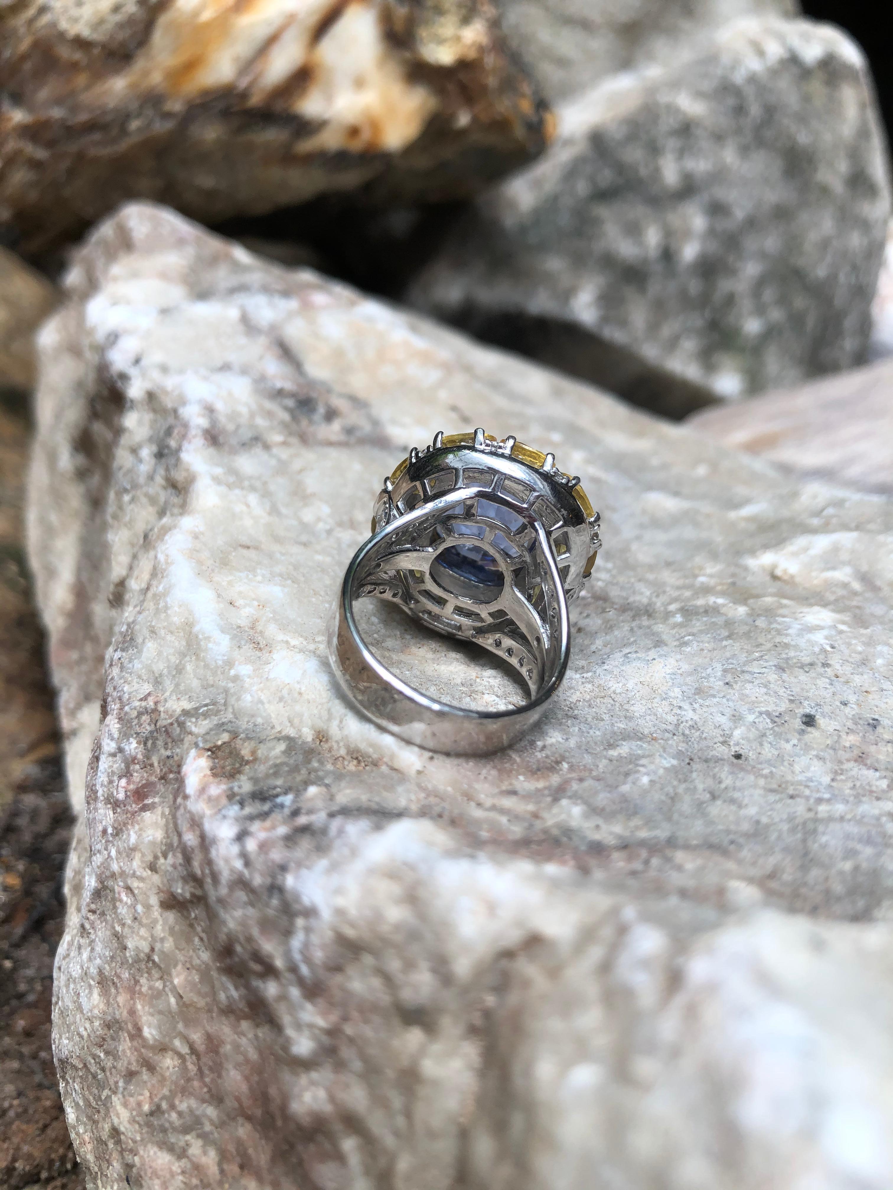 Blue Sapphire with Yellow Sapphire and Diamond Ring Set in 18 Karat White Gold 10