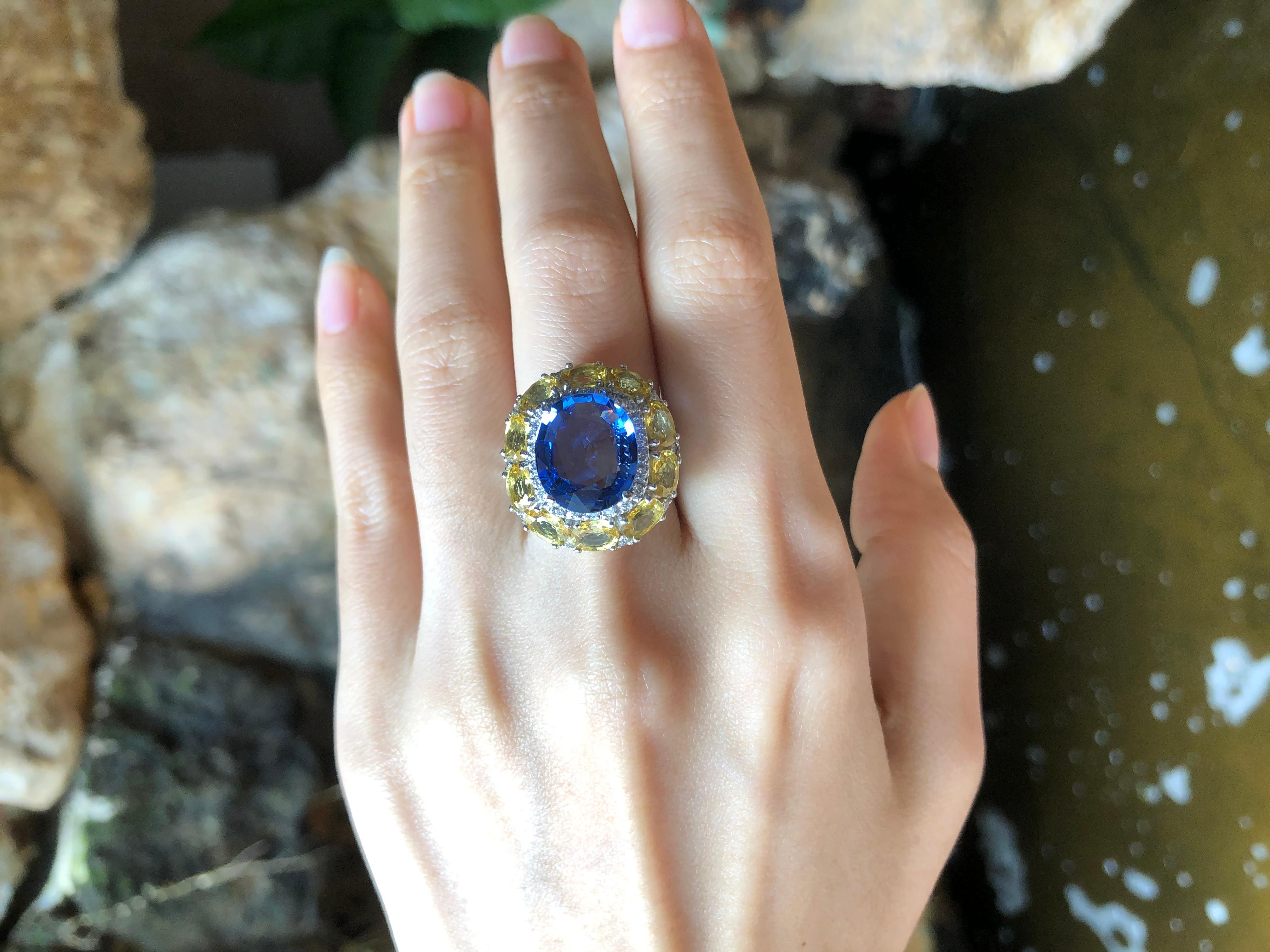 Contemporary Blue Sapphire with Yellow Sapphire and Diamond Ring Set in 18 Karat White Gold