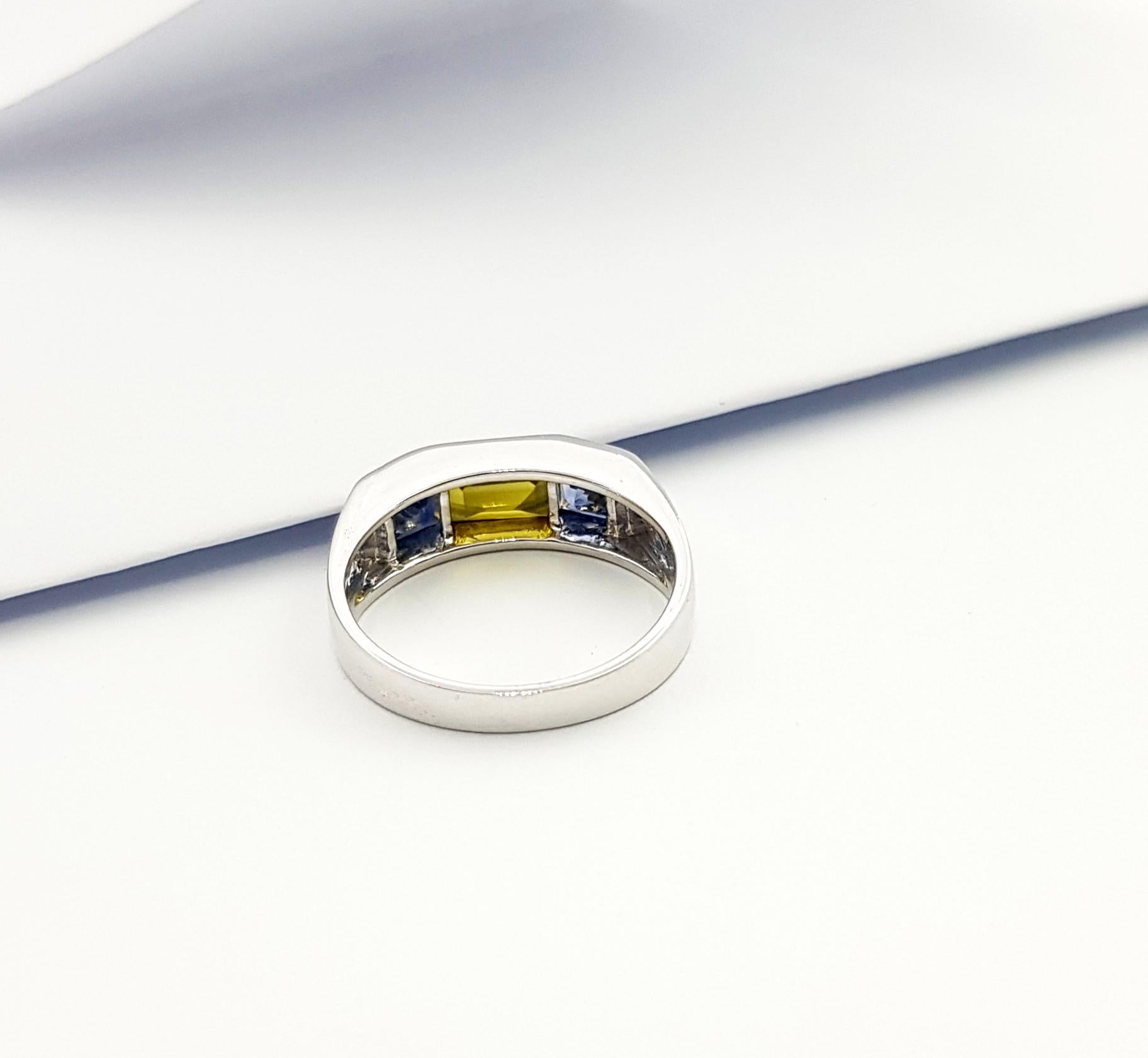 Bague en or blanc 18 carats avec saphir bleu et saphir jaune en vente 10