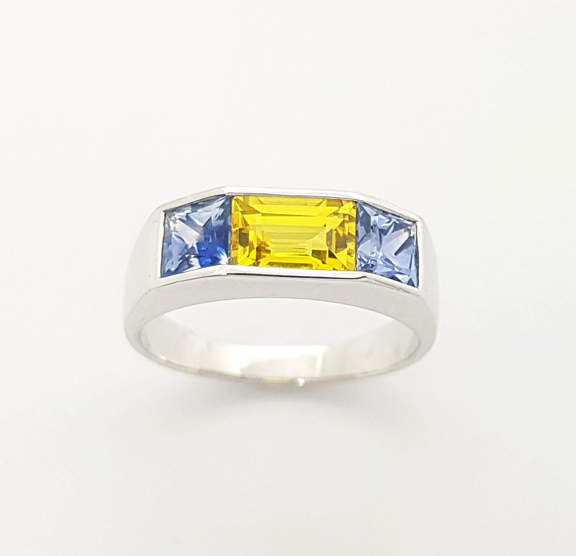 Blue Sapphire with Yellow Sapphire Ring set in 18K White Gold Settings For Sale 9