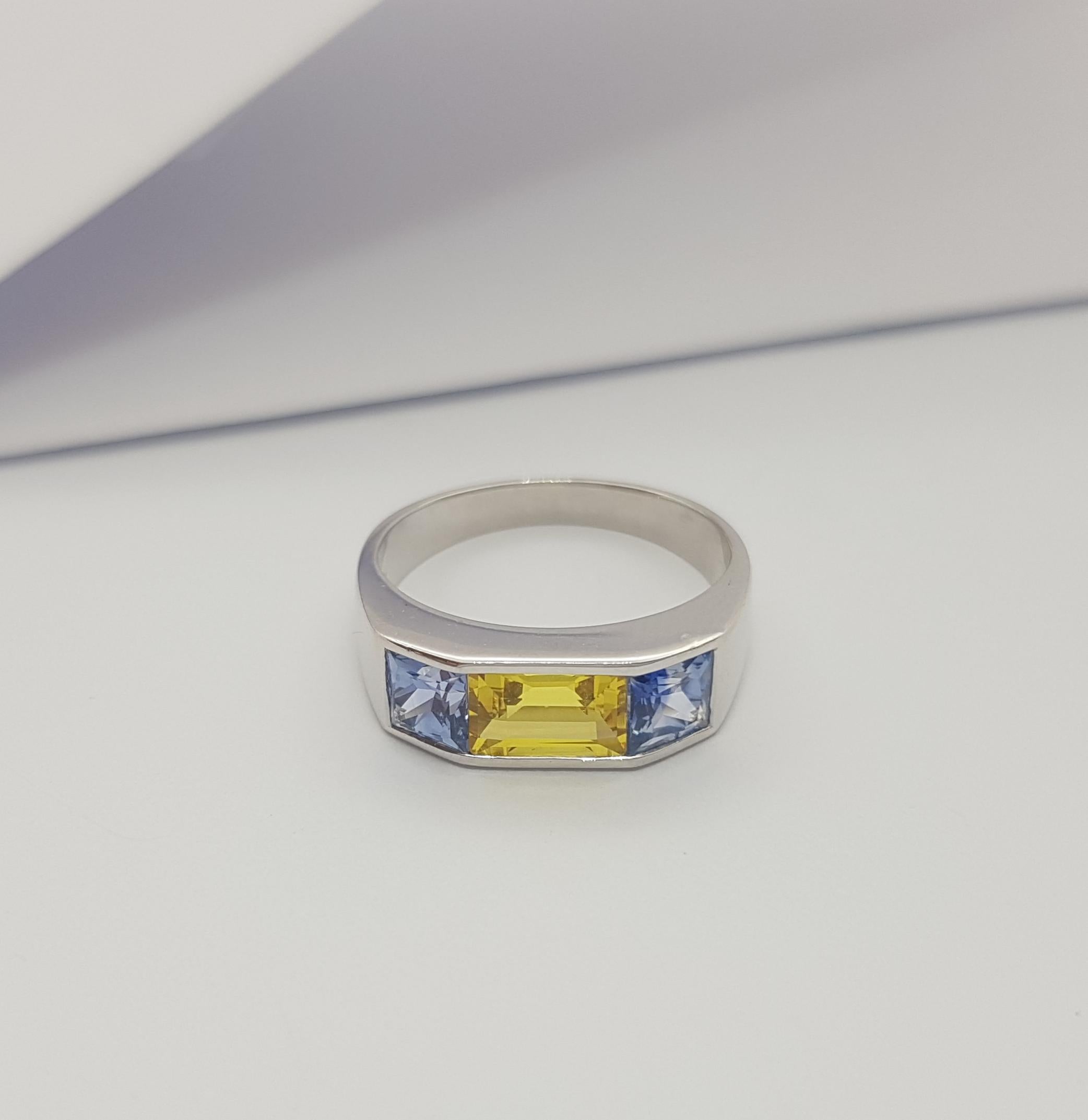 Blue Sapphire with Yellow Sapphire Ring set in 18K White Gold Settings For Sale 11