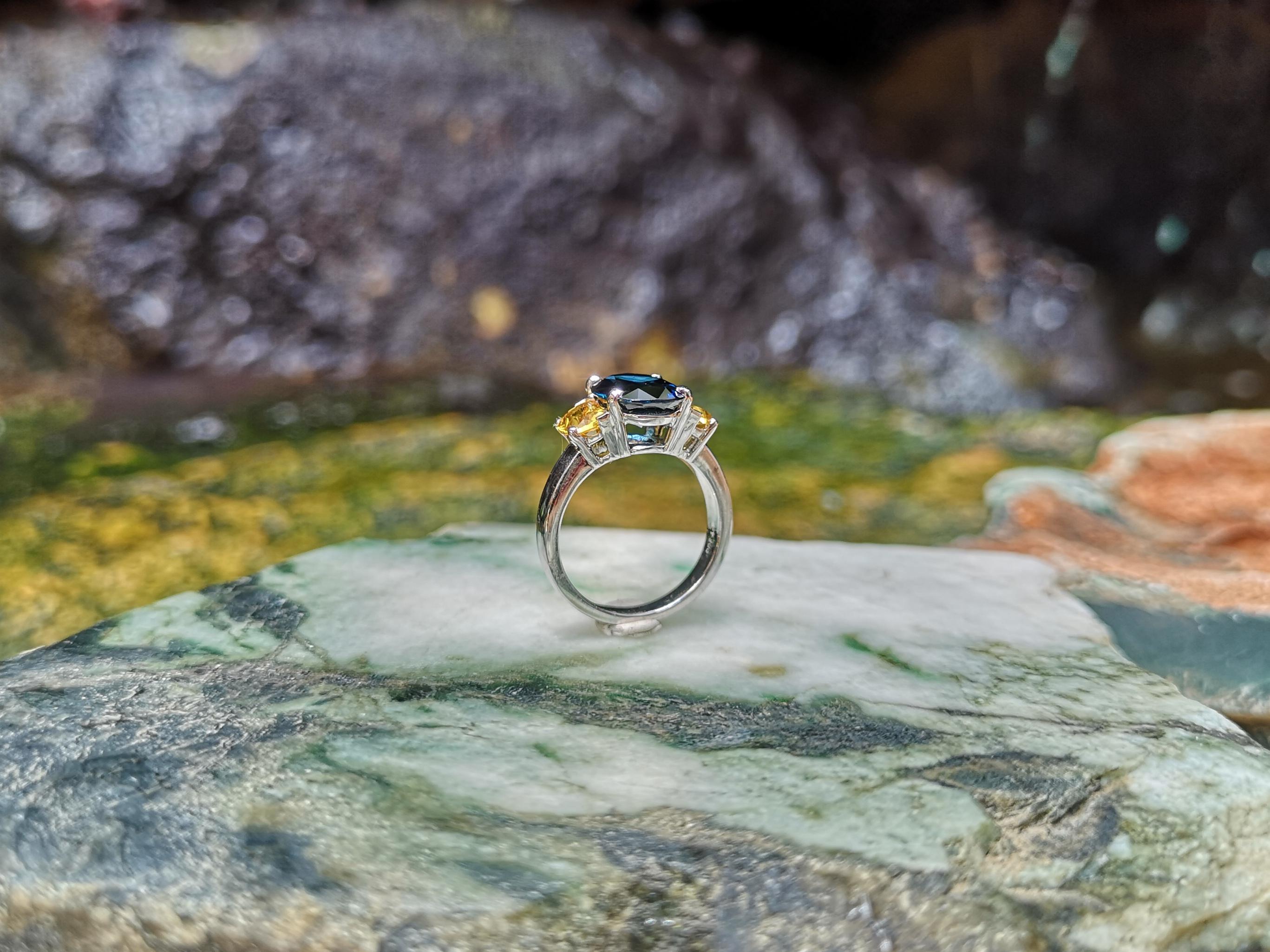 Blue Sapphire with Yellow Sapphire Ring Set in Platinum 900 Settings For Sale 1