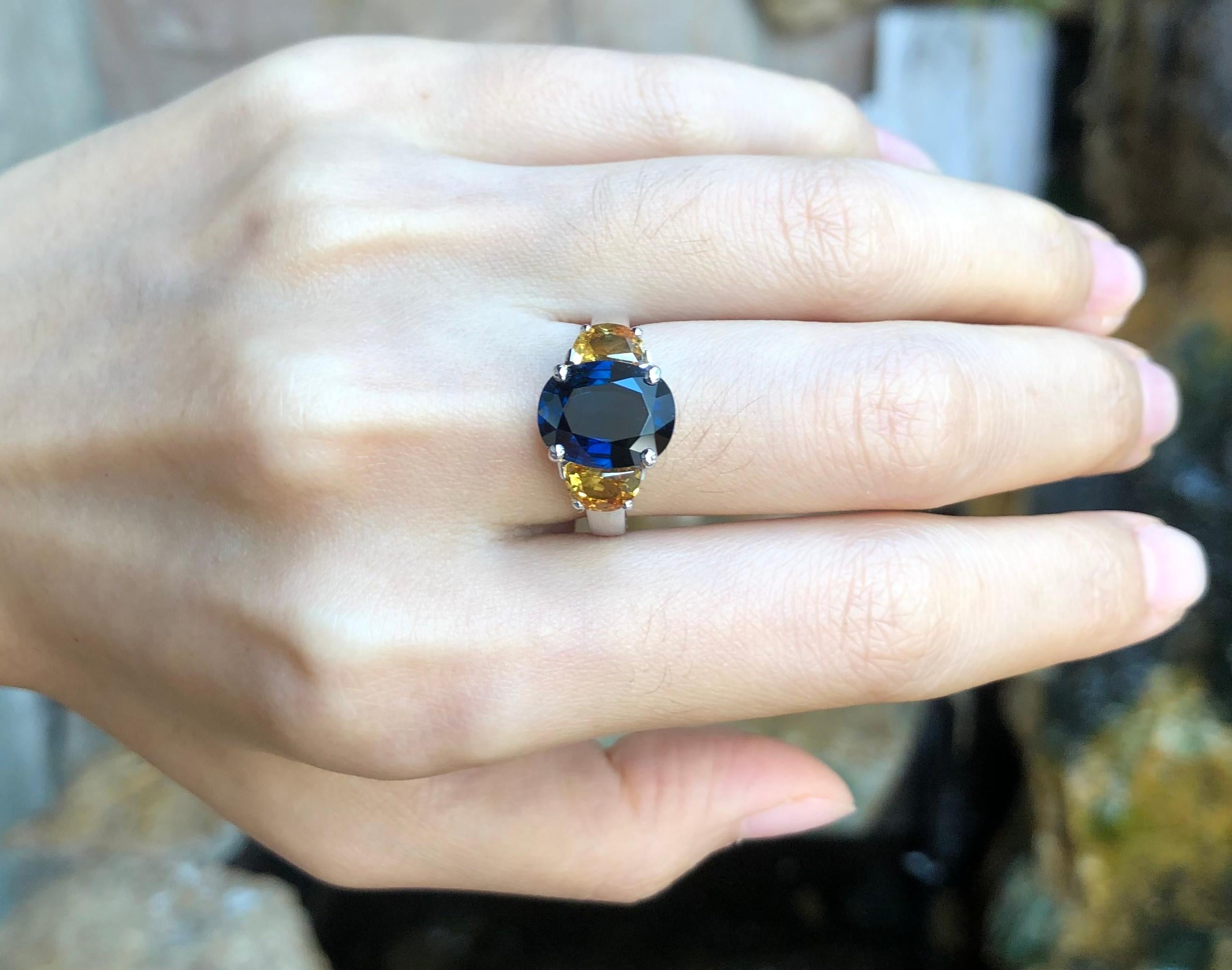 Contemporary Blue Sapphire with Yellow Sapphire Ring Set in Platinum 900 Settings For Sale