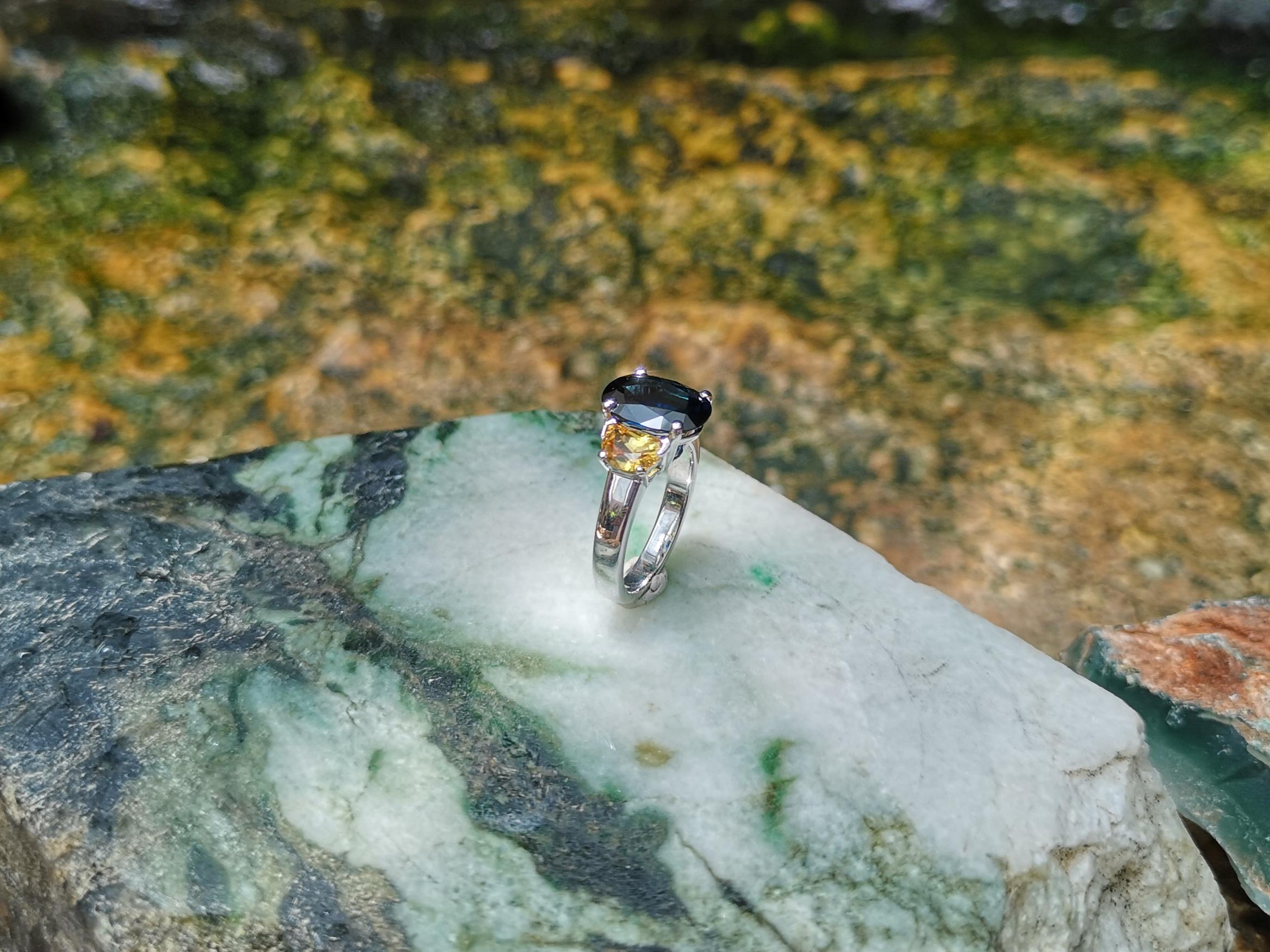 Blue Sapphire with Yellow Sapphire Ring Set in Platinum 900 Settings In New Condition For Sale In Bangkok, TH