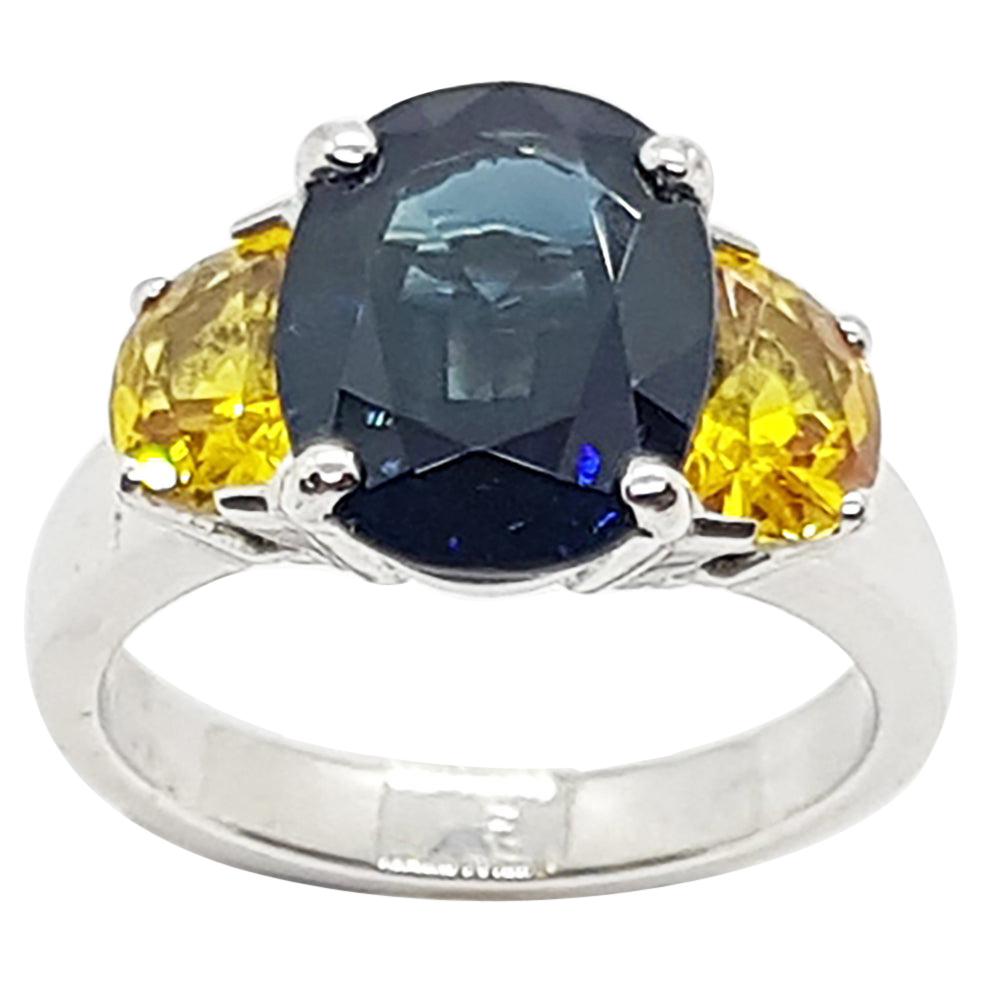 Bague en platine sertie d'un saphir bleu et d'un saphir jaune, de type 900