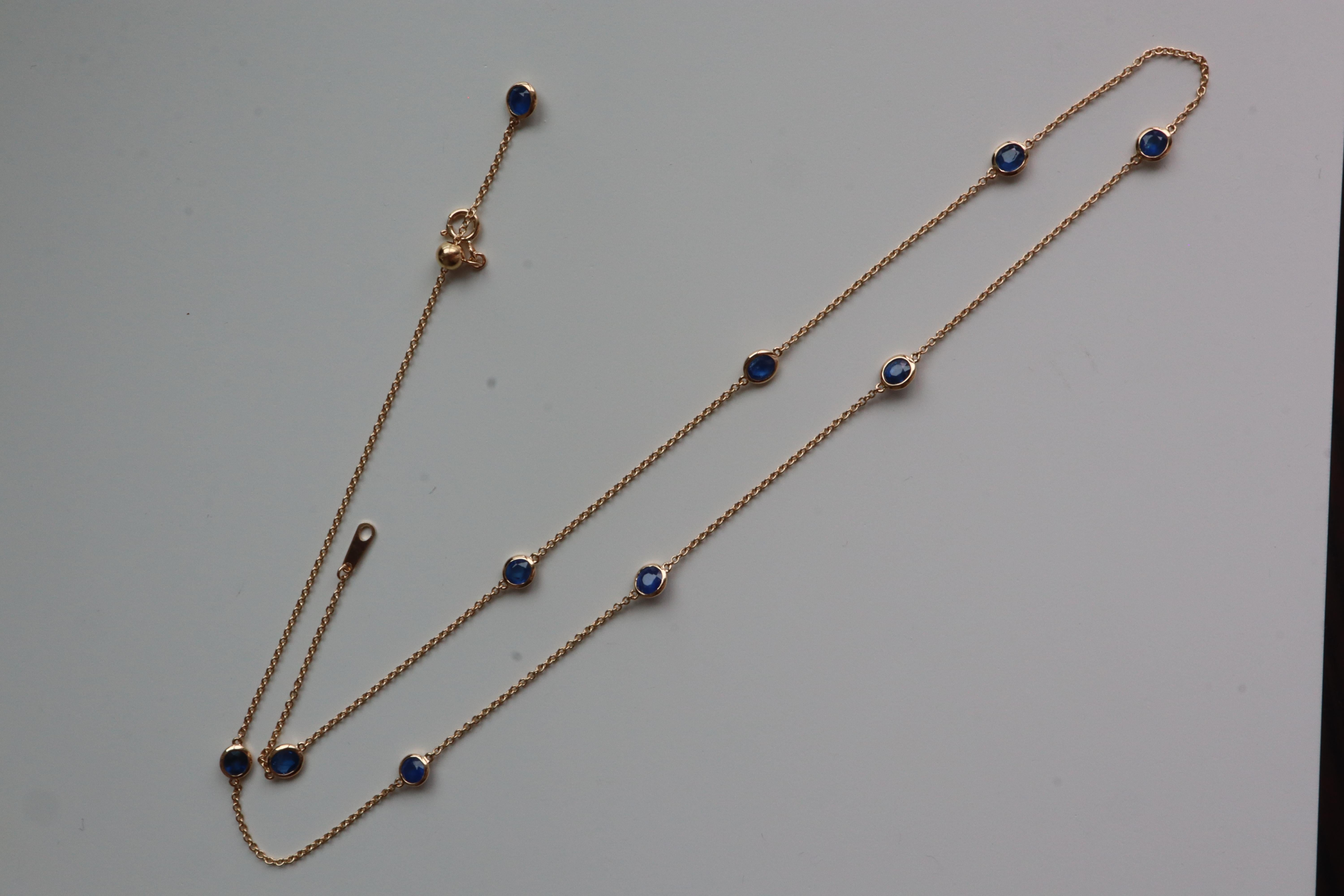 Art Deco Blue Sapphire Yard Necklace(Sapphire Station Necklace) (T 3.12ct /Yellow Gold) For Sale