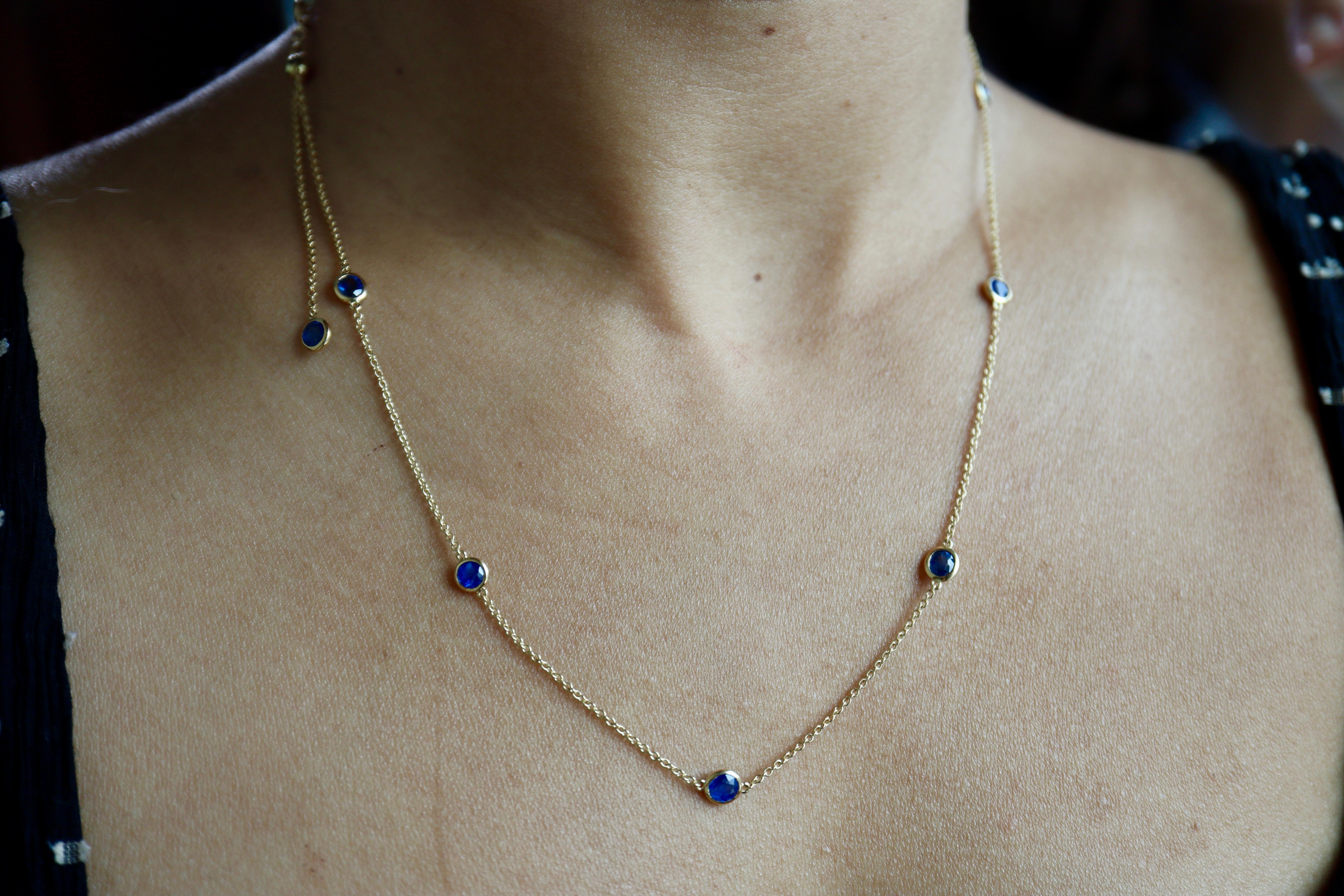Blue Sapphire Yard Necklace(Sapphire Station Necklace) (T 3.12ct /Yellow Gold) For Sale 1