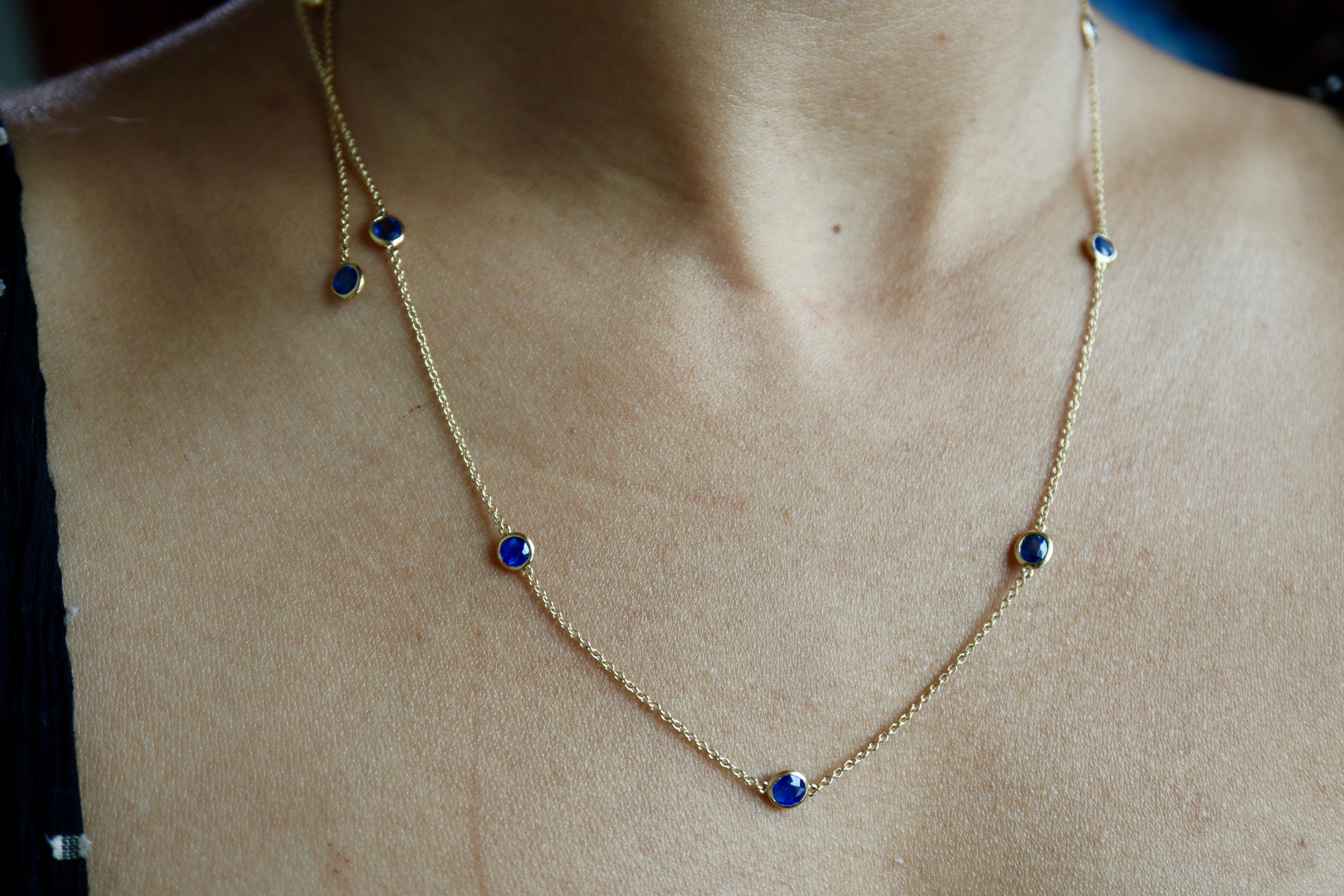 Blue Sapphire Yard Necklace(Sapphire Station Necklace) (T 3.12ct /Yellow Gold) For Sale 2