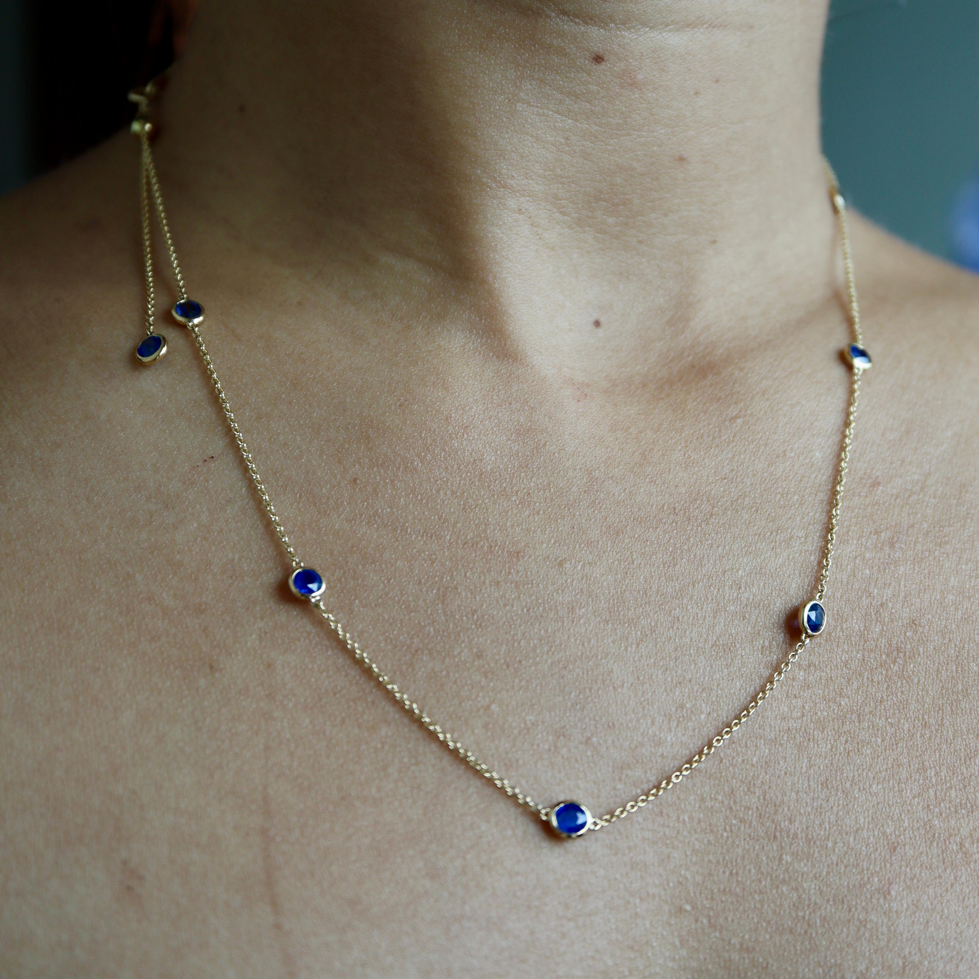 Blue Sapphire Yard Necklace(Sapphire Station Necklace) (T 3.12ct /Yellow Gold) For Sale 3