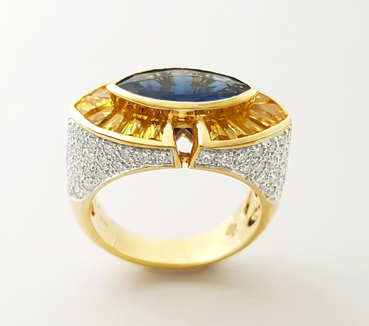 Anello con zaffiro blu, zaffiro giallo e diamante incastonati in oro 18 carati in vendita 11