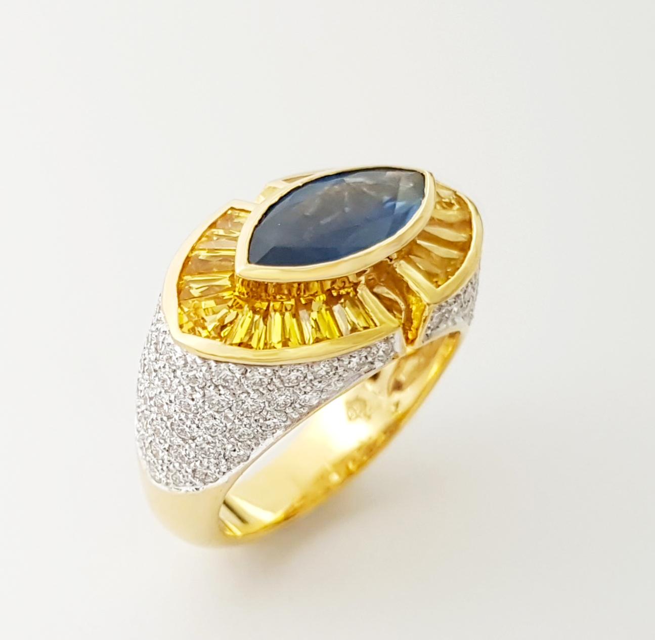 Anello con zaffiro blu, zaffiro giallo e diamante incastonati in oro 18 carati in vendita 12