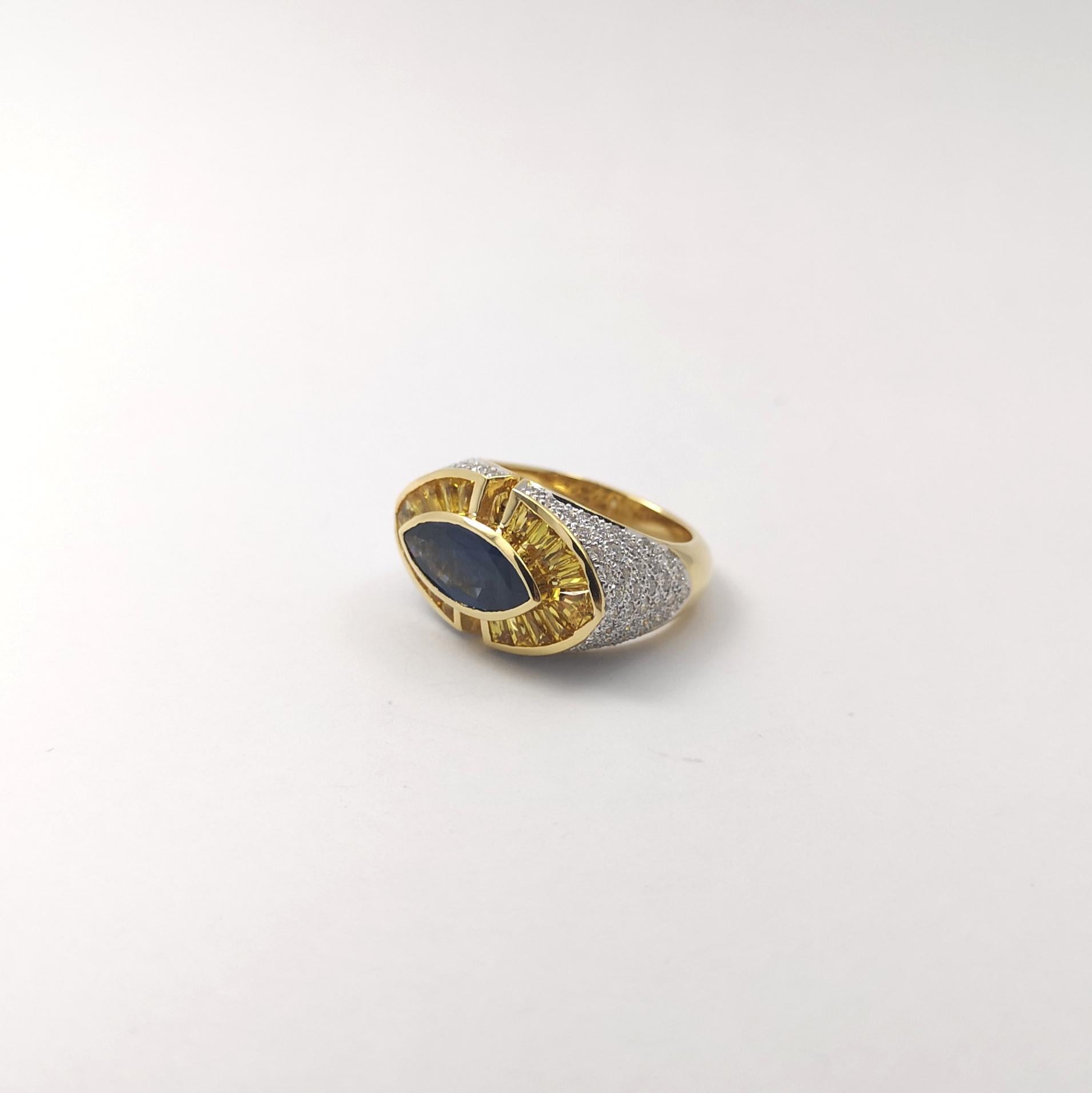 Anello con zaffiro blu, zaffiro giallo e diamante incastonati in oro 18 carati in vendita 2