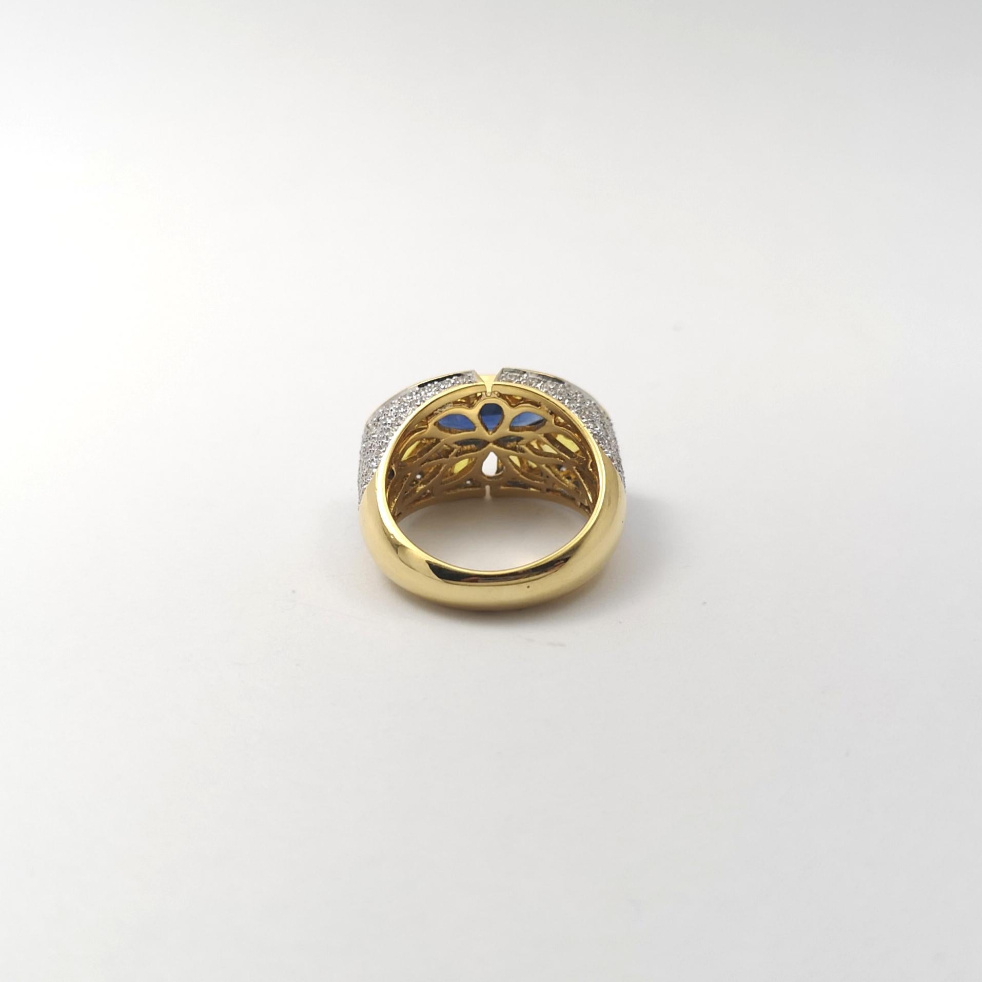 Anello con zaffiro blu, zaffiro giallo e diamante incastonati in oro 18 carati in vendita 3