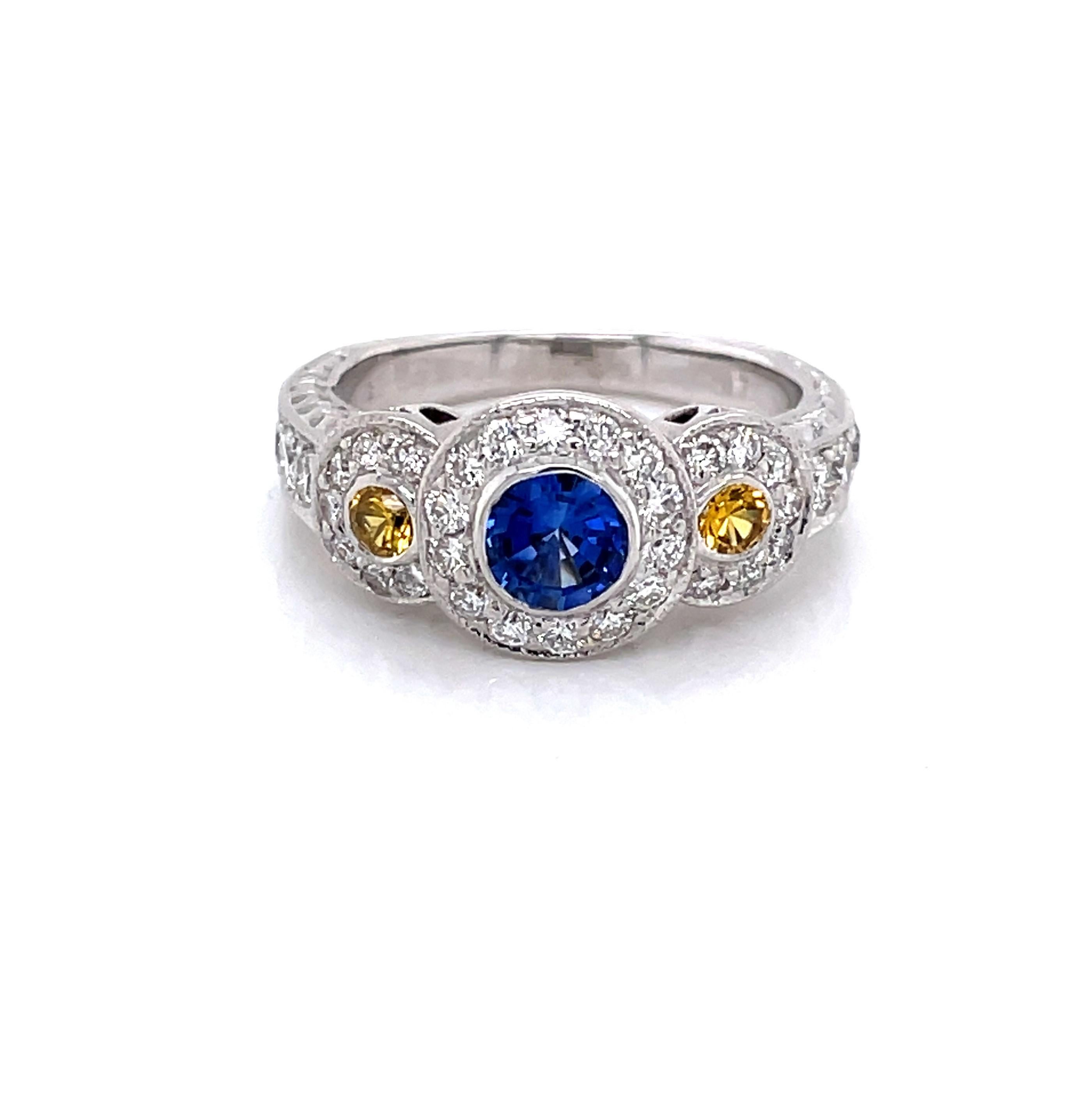 Blue Sapphire Yellow Sapphire Diamond Triple Halo 18K White Gold Engagement Ring For Sale 2