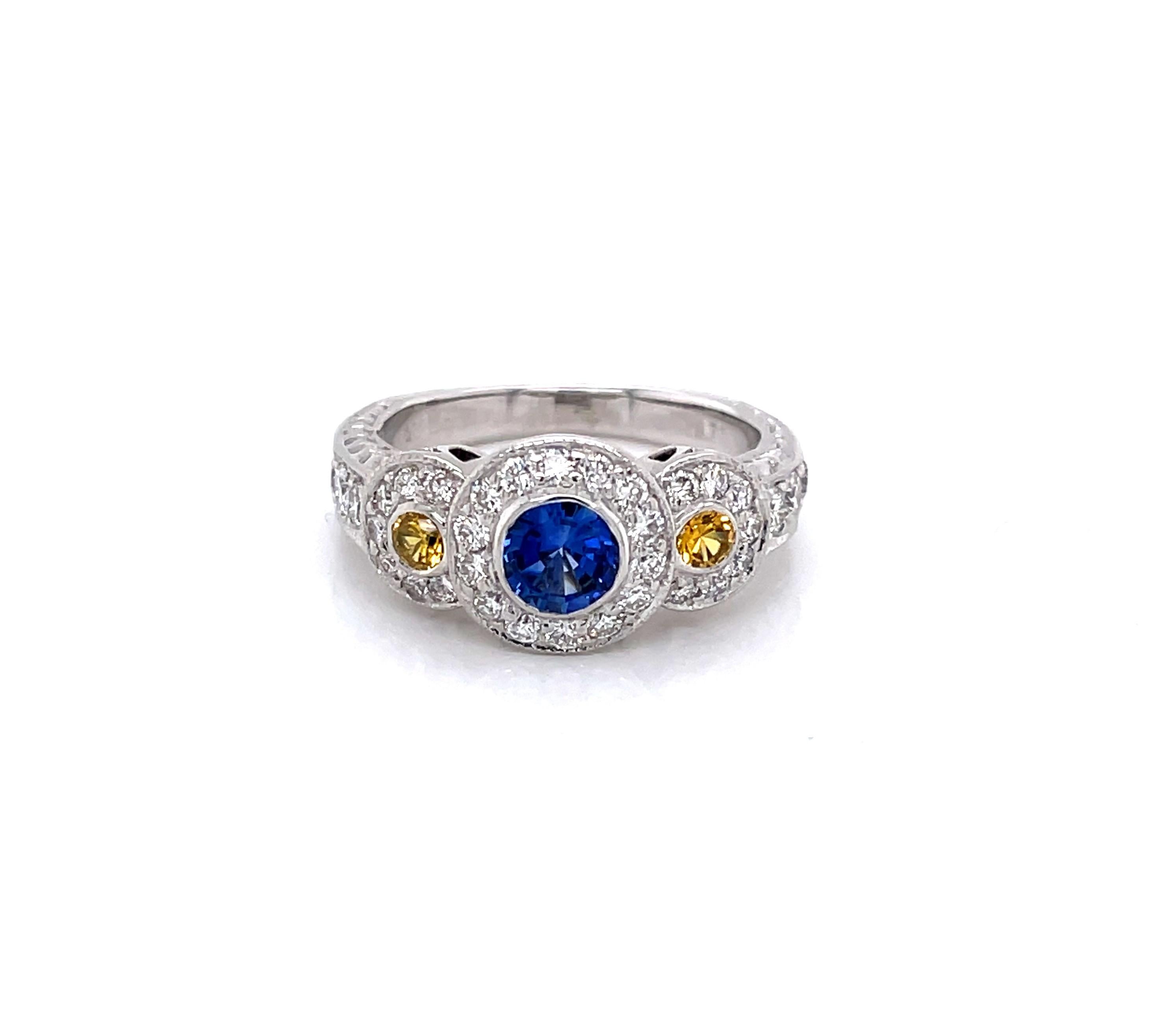 Mixed Cut Blue Sapphire Yellow Sapphire Diamond Triple Halo 18K White Gold Engagement Ring For Sale