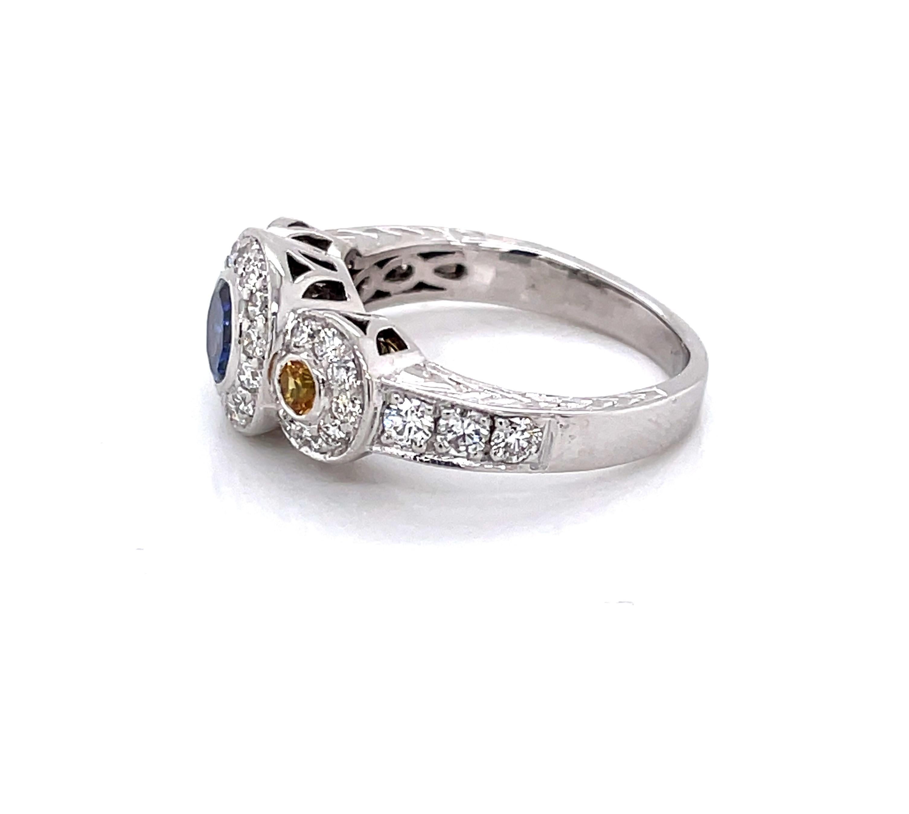Women's Blue Sapphire Yellow Sapphire Diamond Triple Halo 18K White Gold Engagement Ring For Sale