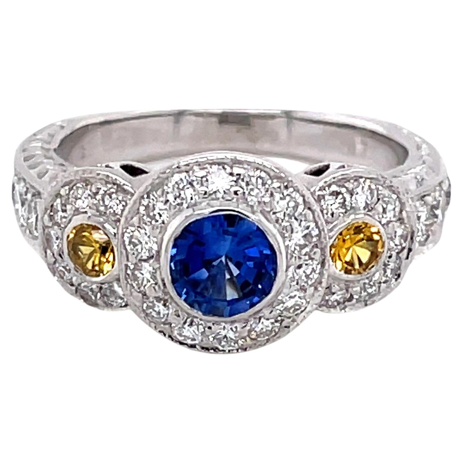 Blue Sapphire Yellow Sapphire Diamond Triple Halo 18K White Gold Engagement Ring