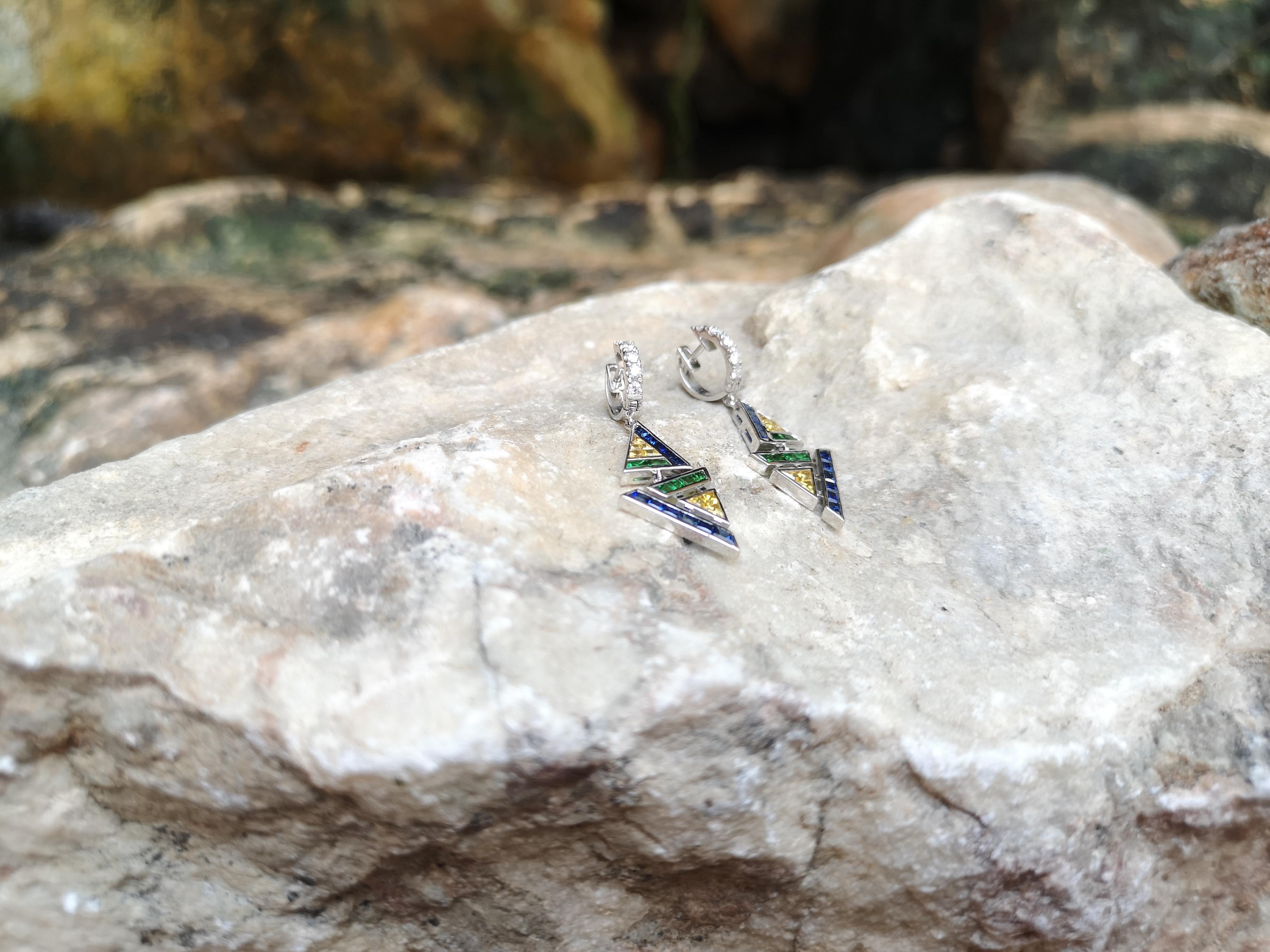 Mixed Cut Blue and Yellow Sapphire with Diamond Kavant&Sharart Earrings in 18K White Gold For Sale