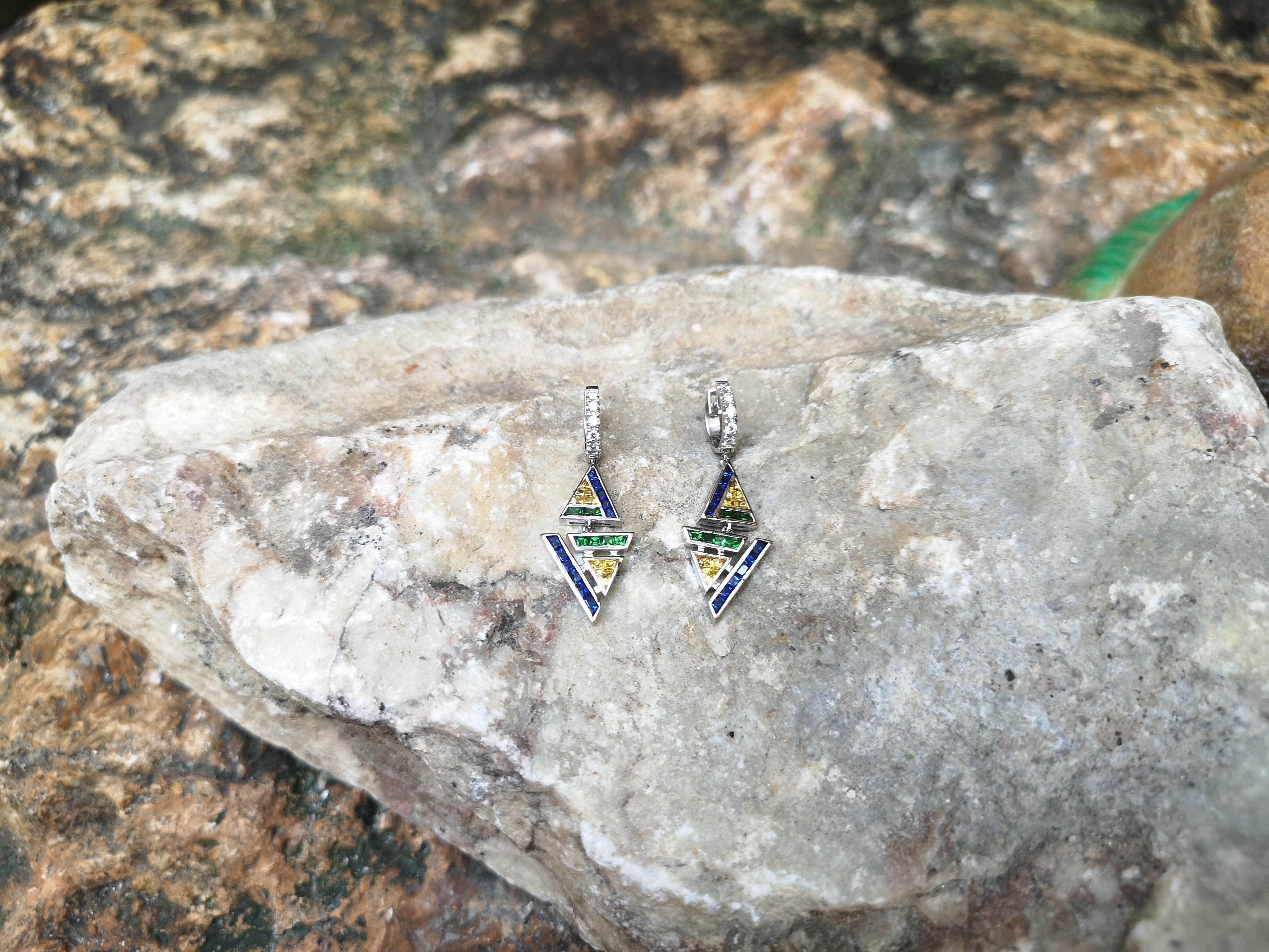 Women's Blue and Yellow Sapphire with Diamond Kavant&Sharart Earrings in 18K White Gold For Sale