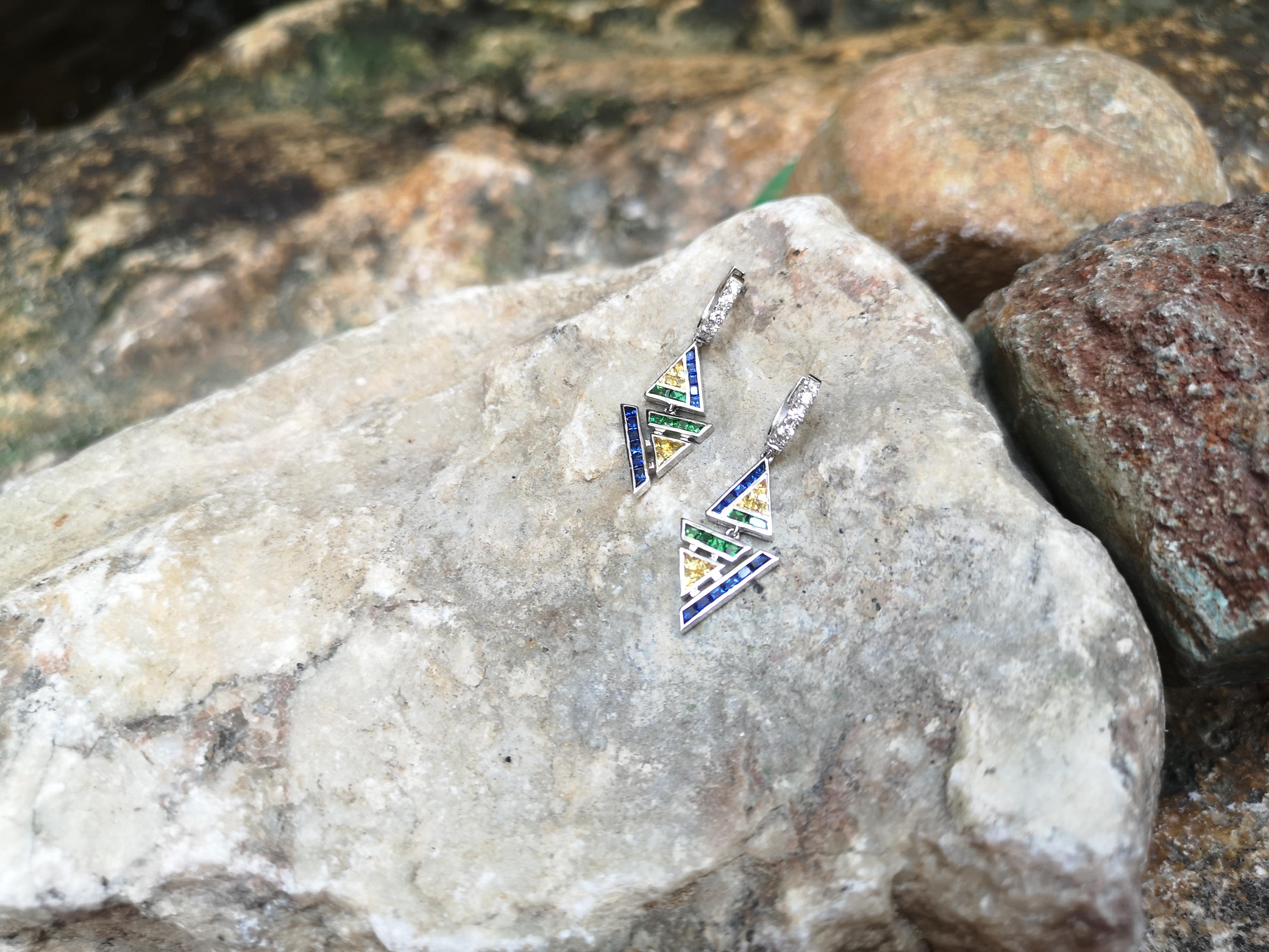 Blue and Yellow Sapphire with Diamond Kavant&Sharart Earrings in 18K White Gold For Sale 1