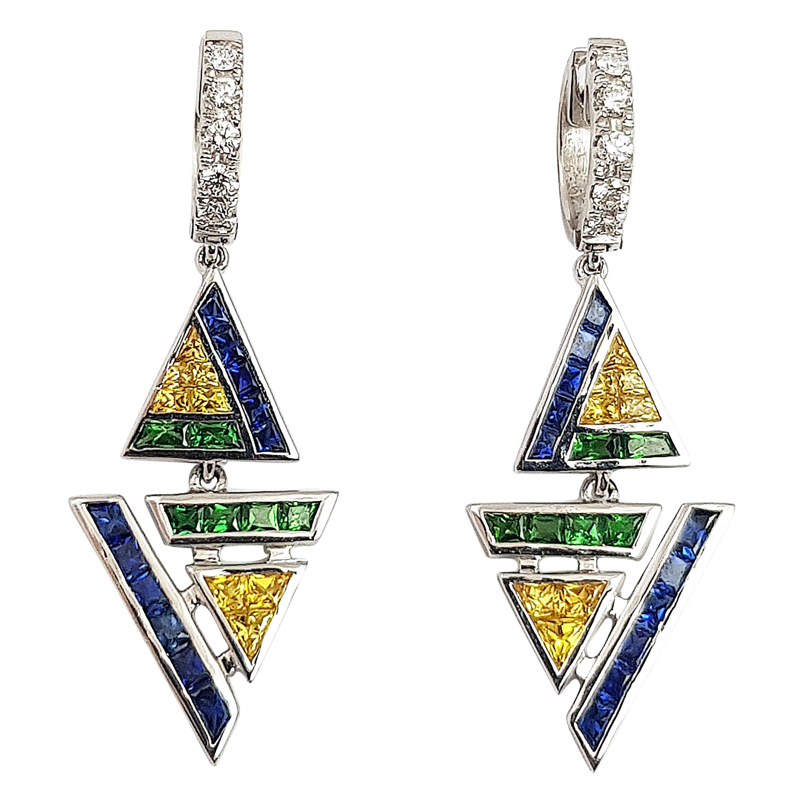 Blue and Yellow Sapphire with Diamond Kavant&Sharart Earrings in 18K White Gold For Sale