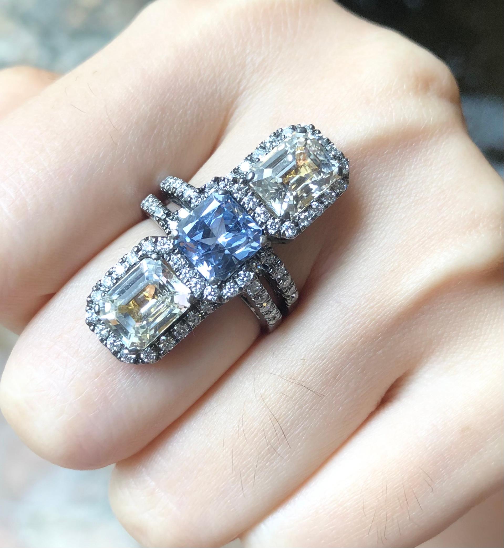 Women's Blue Sapphire, Yellow Sapphire with Diamond Ring in 18 Karat White Gold Settings For Sale
