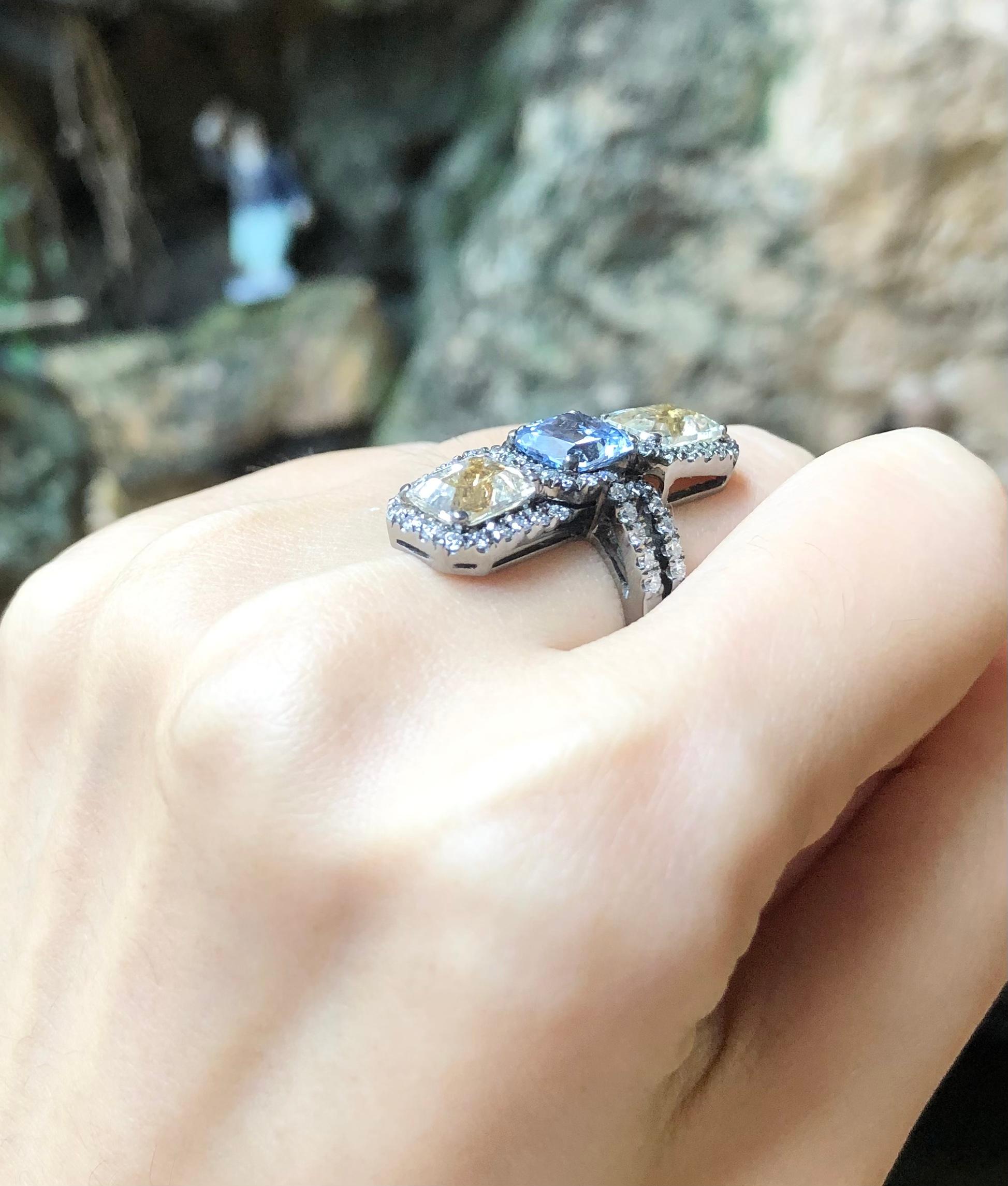 Blue Sapphire, Yellow Sapphire with Diamond Ring in 18 Karat White Gold Settings For Sale 1