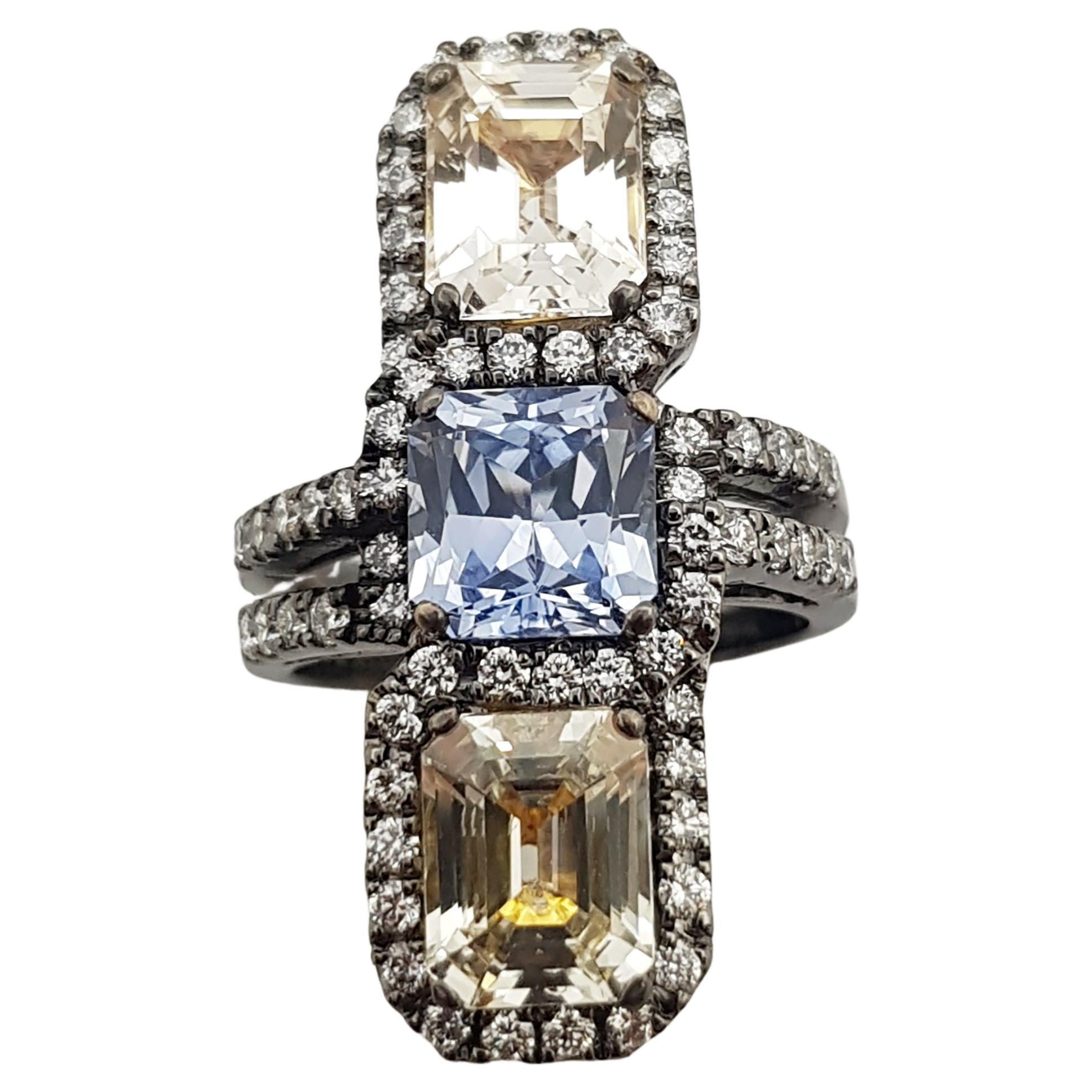 Blue Sapphire, Yellow Sapphire with Diamond Ring in 18 Karat White Gold Settings