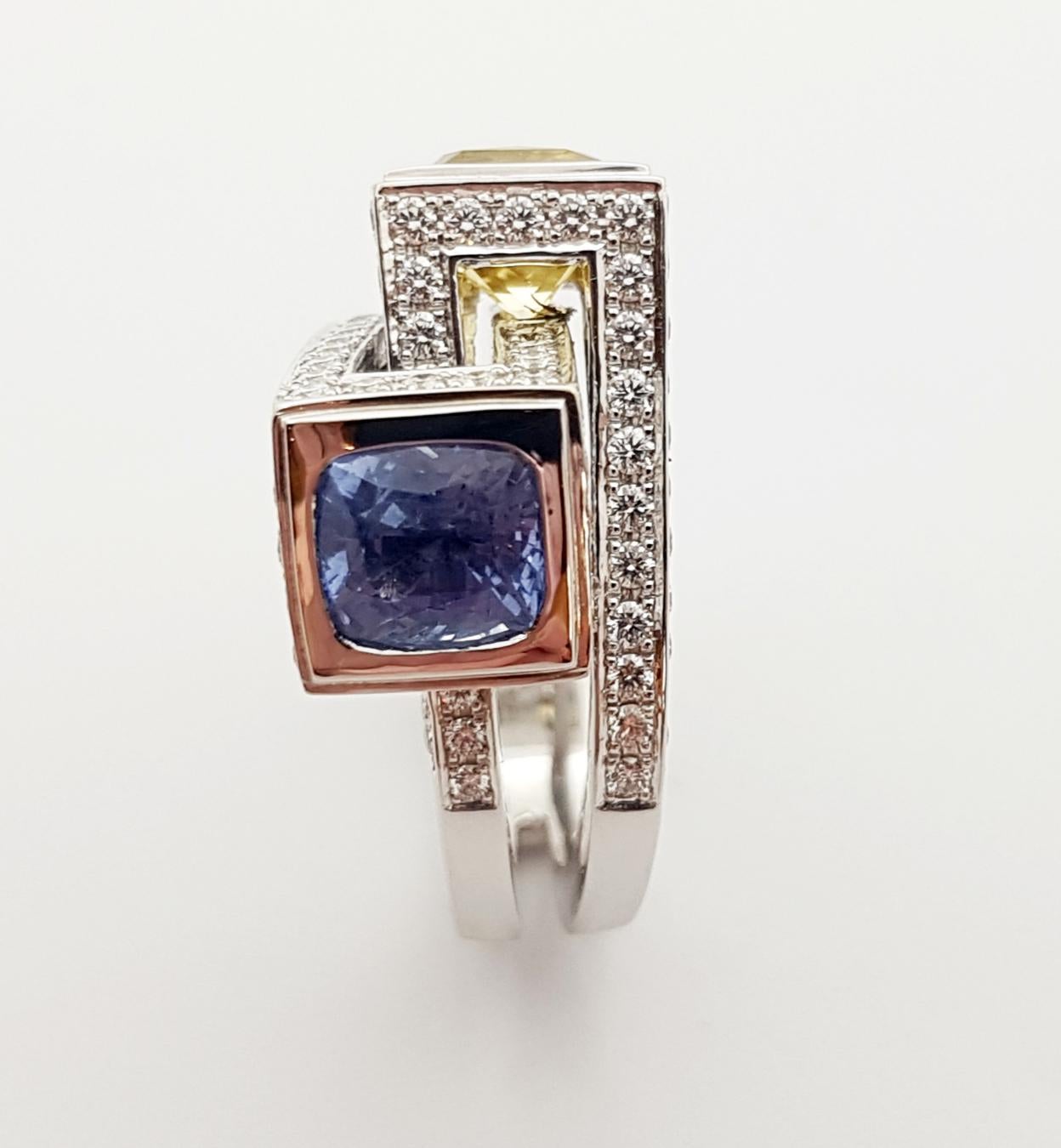Blue Sapphire, Yellow Sapphire with Diamond Ring Set in 18 Karat White Gold For Sale 3