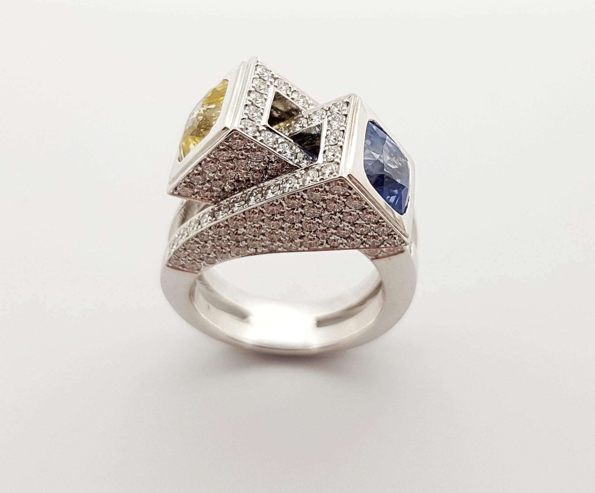 Blue Sapphire, Yellow Sapphire with Diamond Ring Set in 18 Karat White Gold For Sale 4