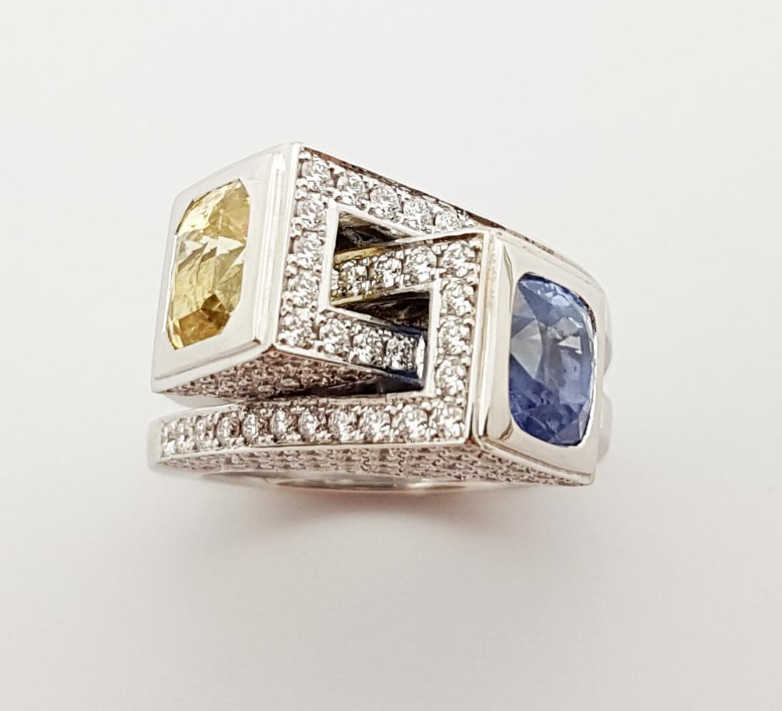 Blue Sapphire, Yellow Sapphire with Diamond Ring Set in 18 Karat White Gold For Sale 5