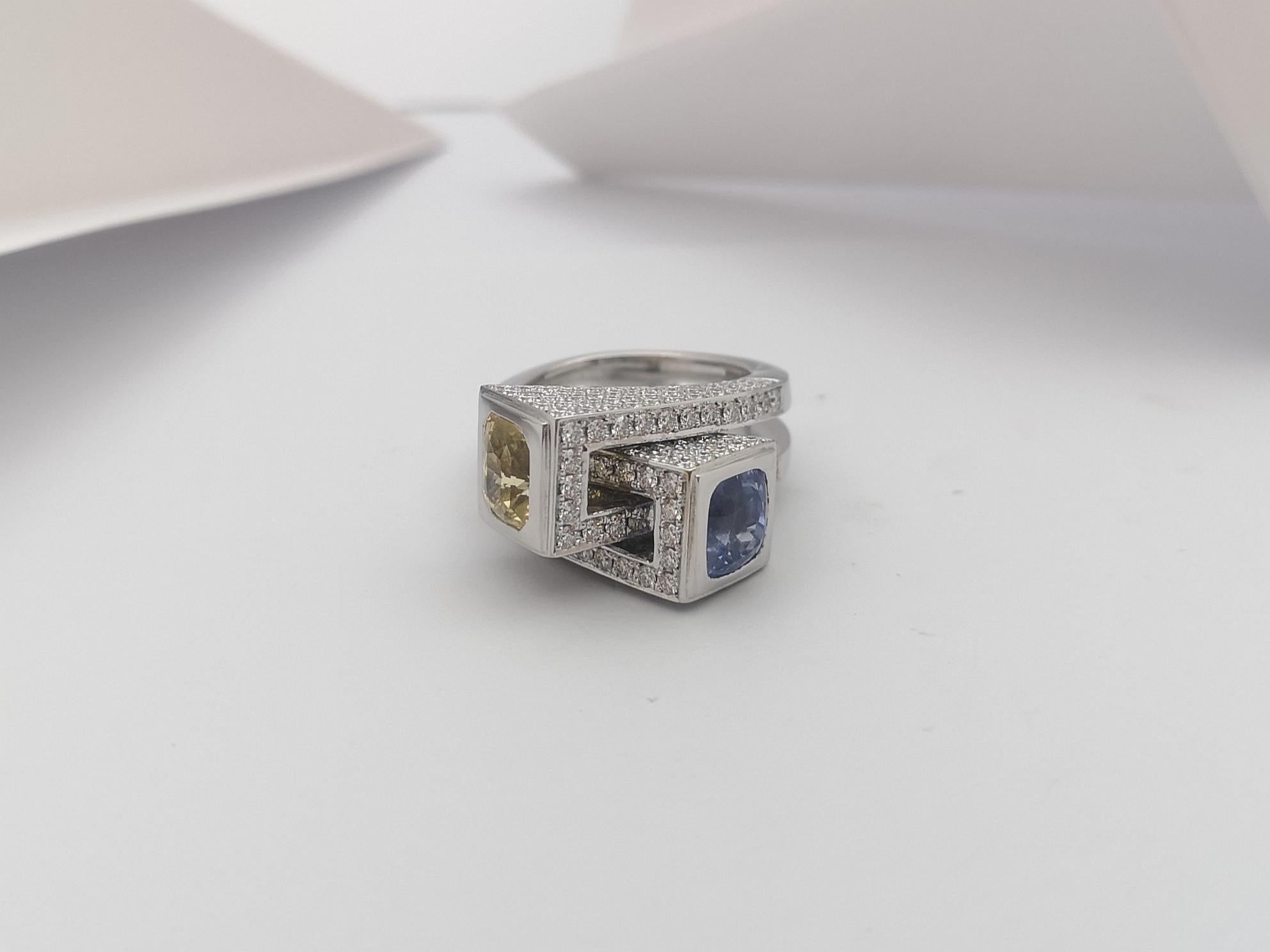 Blue Sapphire, Yellow Sapphire with Diamond Ring Set in 18 Karat White Gold For Sale 6