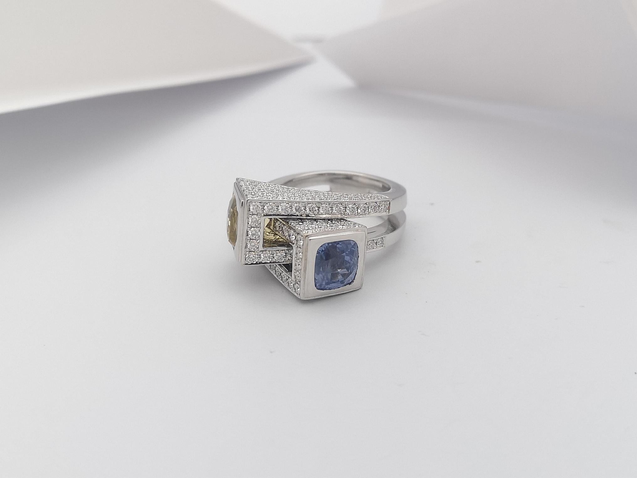 Blue Sapphire, Yellow Sapphire with Diamond Ring Set in 18 Karat White Gold For Sale 7