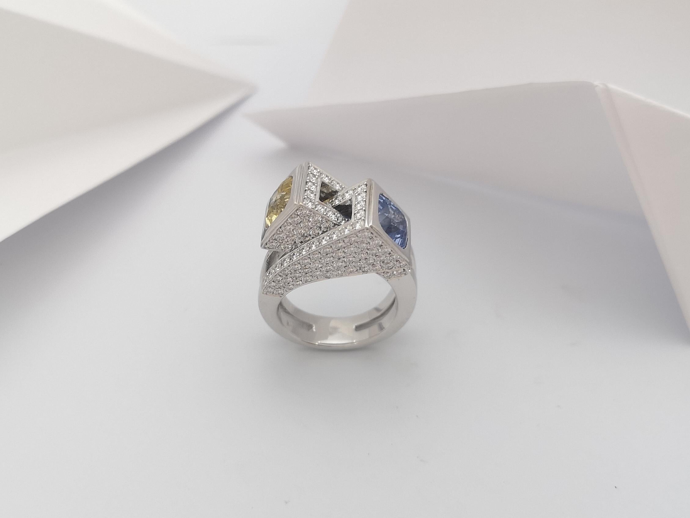 Blue Sapphire, Yellow Sapphire with Diamond Ring Set in 18 Karat White Gold For Sale 11