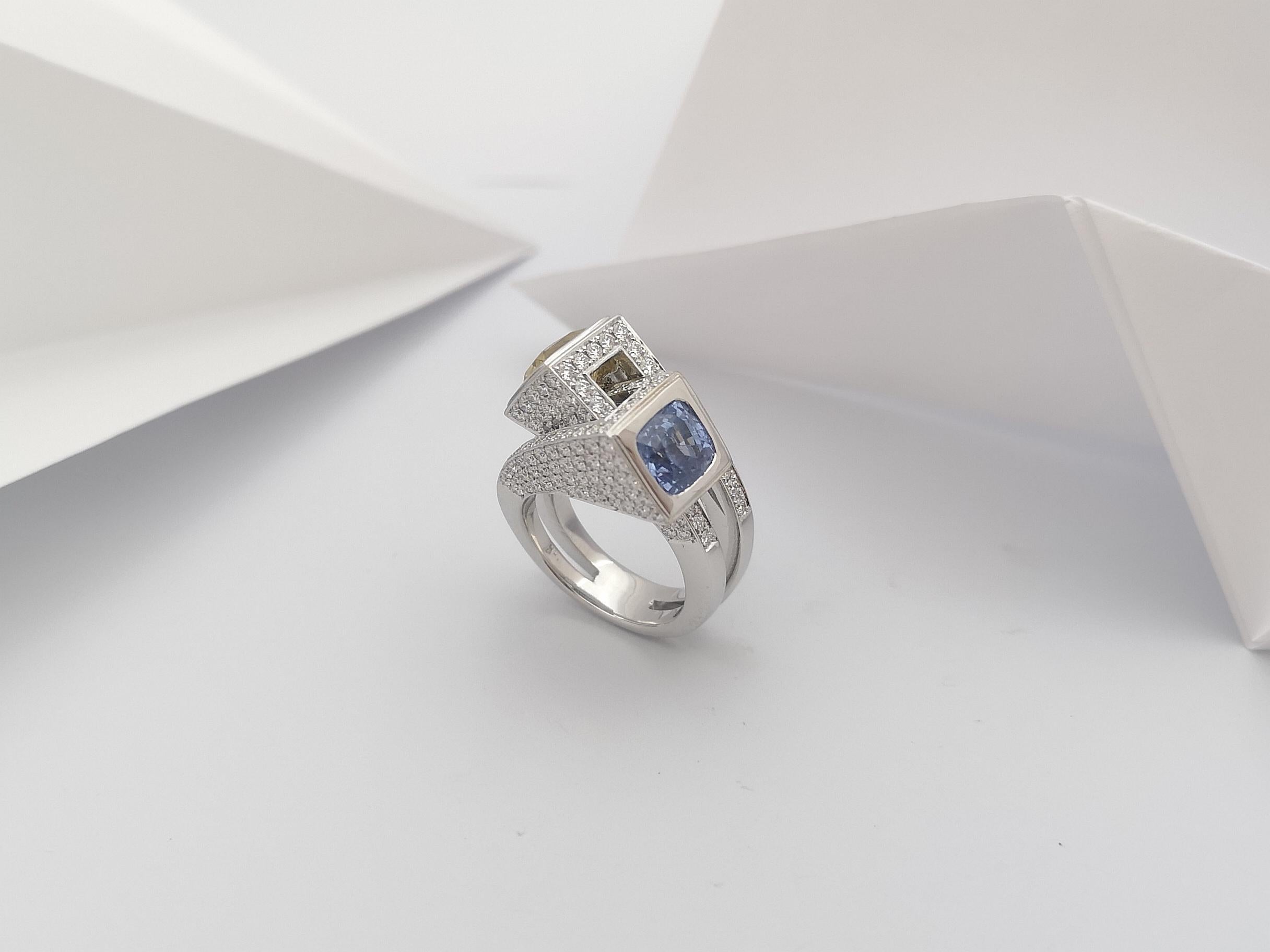 Blue Sapphire, Yellow Sapphire with Diamond Ring Set in 18 Karat White Gold For Sale 12
