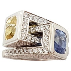 Zafiro Azul, Zafiro Amarillo con Diamante Anillo Engastado en Oro Blanco de 18 Kilates
