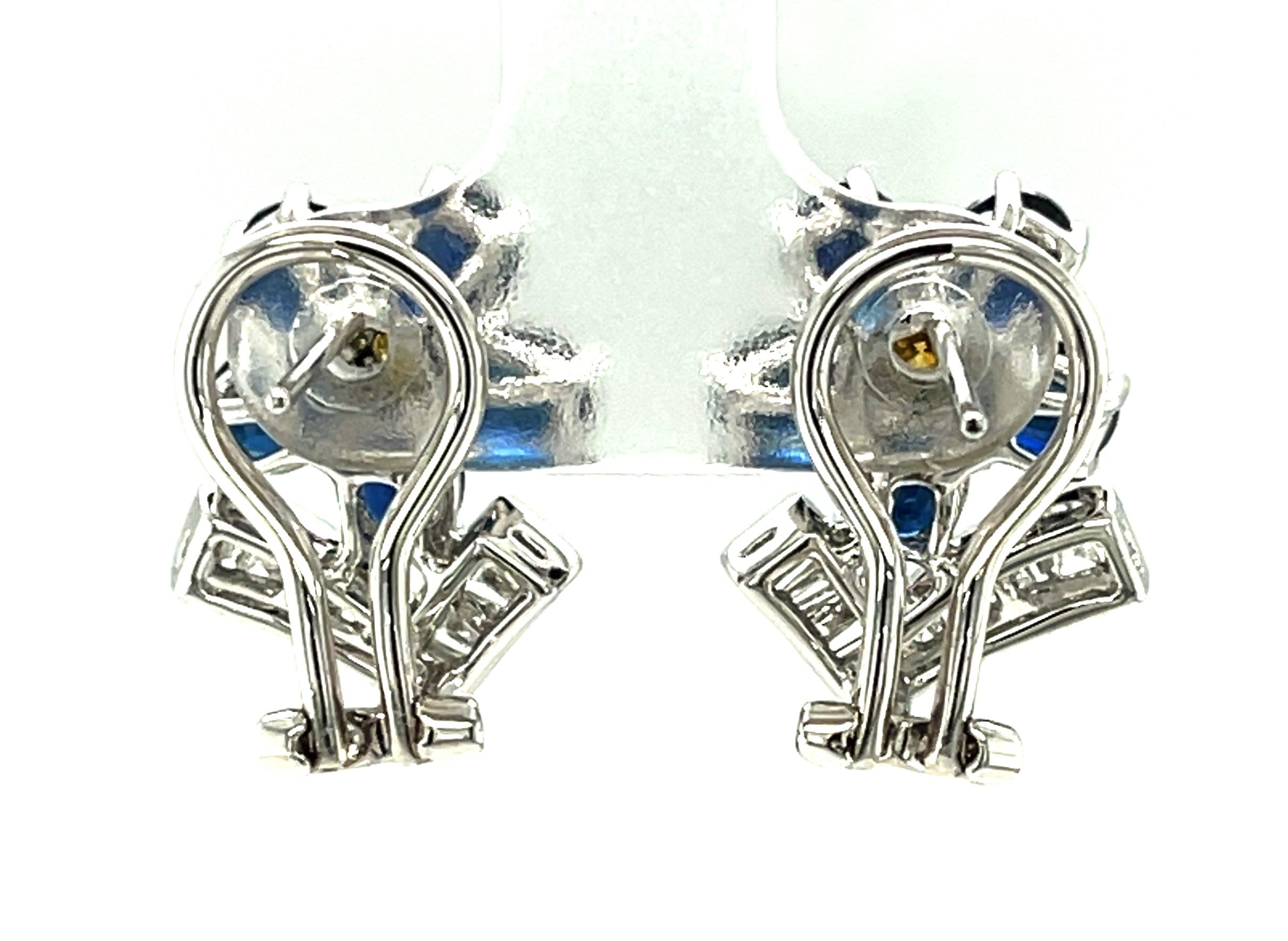 Oval Cut Blue Sapphire, Yellow and White Diamond French Clip Earrings in White Gold