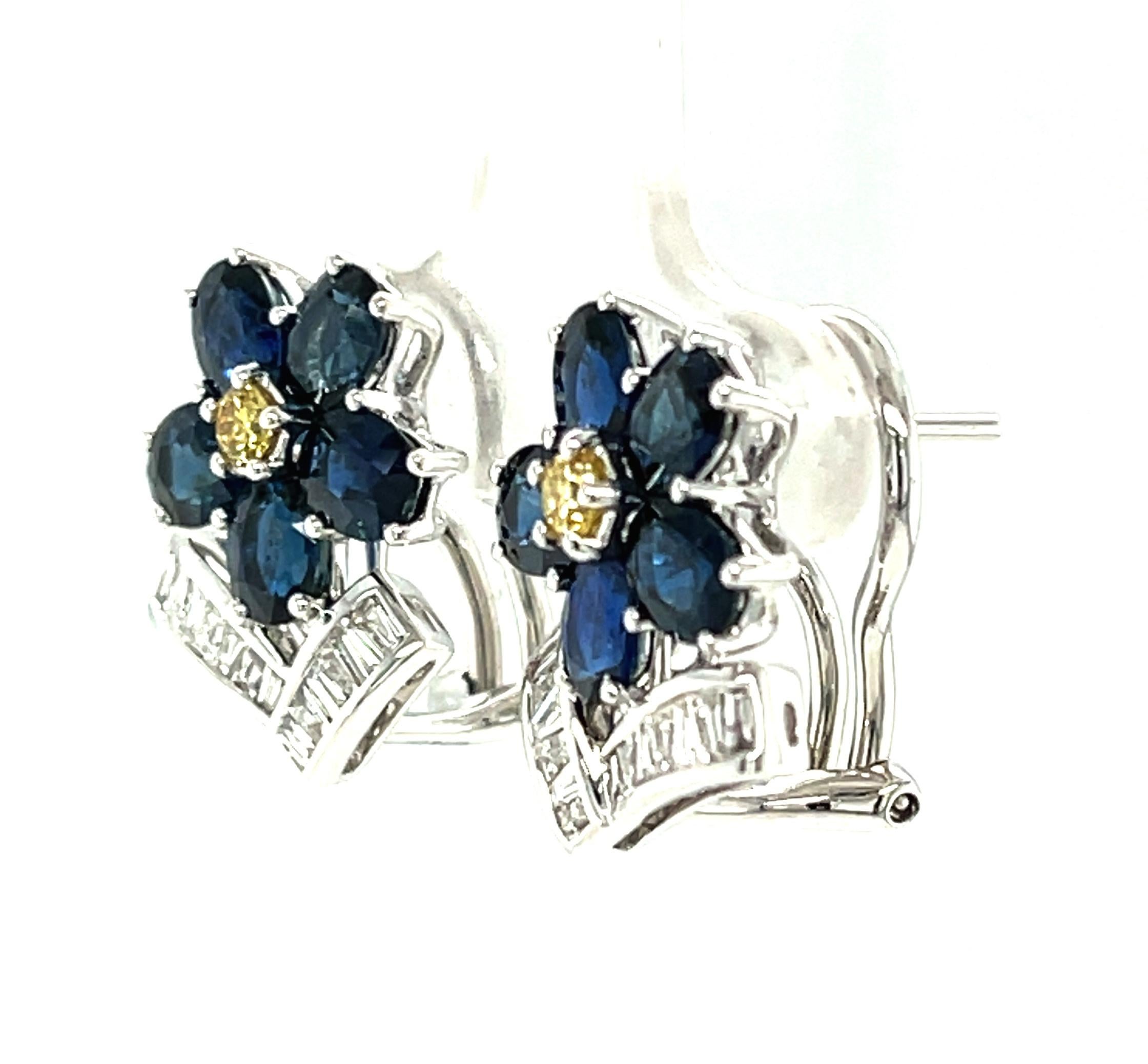 Blue Sapphire, Yellow and White Diamond French Clip Earrings in White Gold In New Condition In Los Angeles, CA