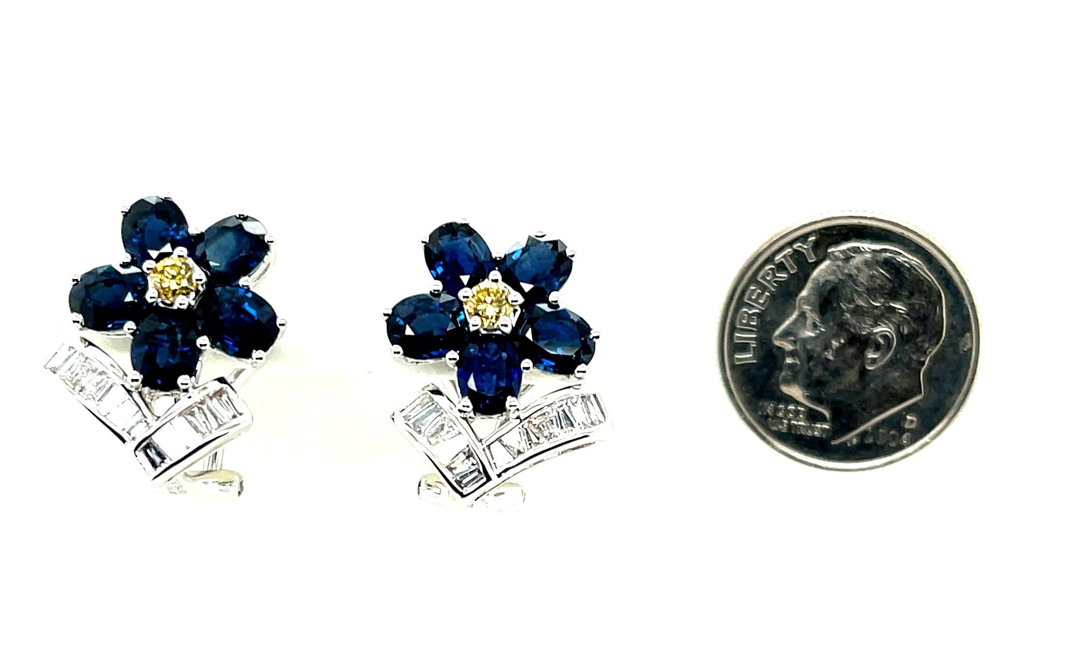 Women's Blue Sapphire, Yellow and White Diamond French Clip Earrings in White Gold