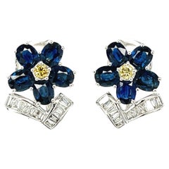 Blue Sapphire, Yellow, White Diamond Baguette, Gold French Clip Post Earrings