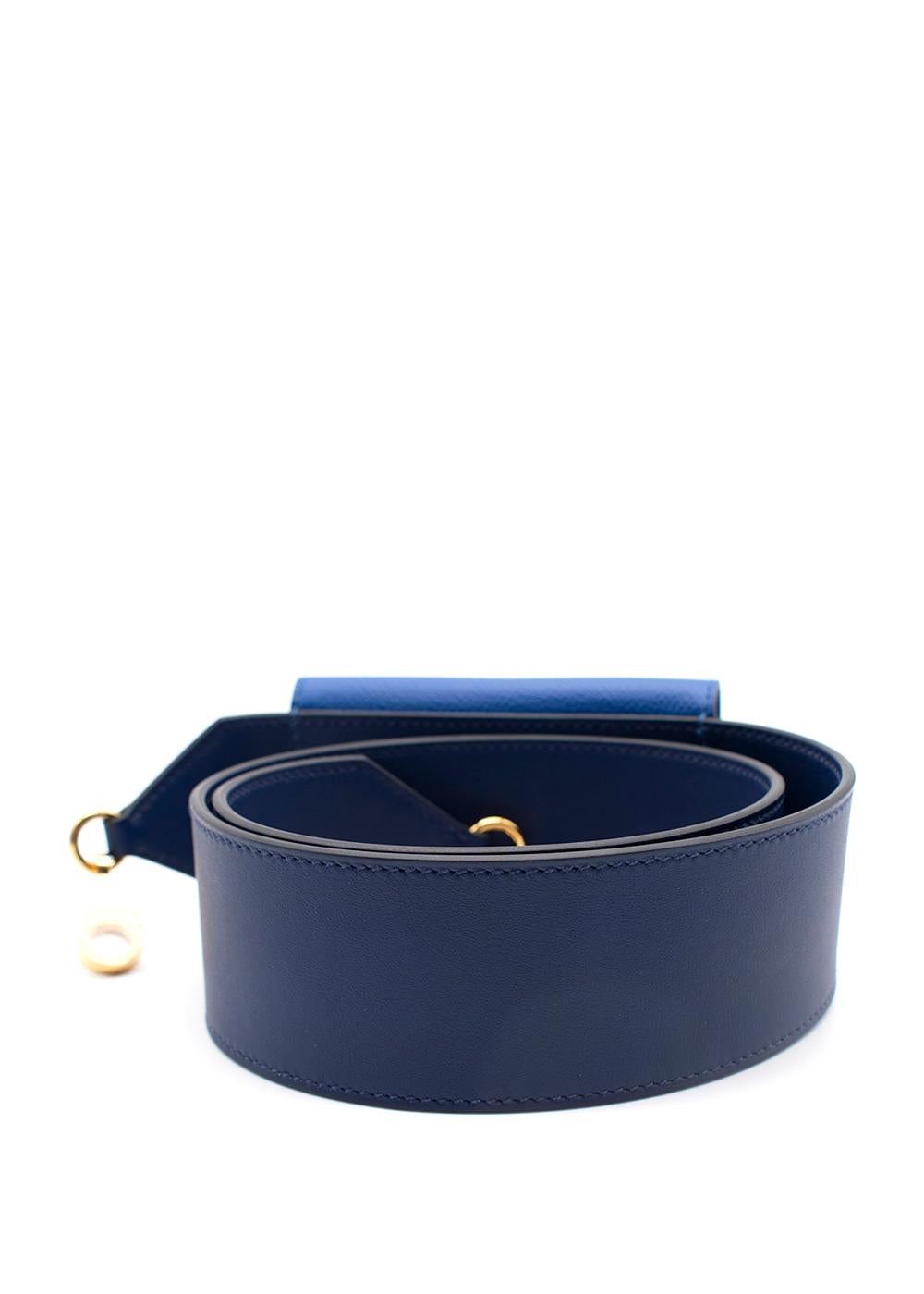 Hermes Blue Sapphire & Zellige Swift/Epsom 75cm Kelly Pocket Strap GHW

Date stamp: Z 2021

- Bicolour Kelly pocket strap in a rich sapphire blue, and inky zellige hue
- Palladium plated turnlock and clip ends

Materials:
Leather
Palladium

75 cm