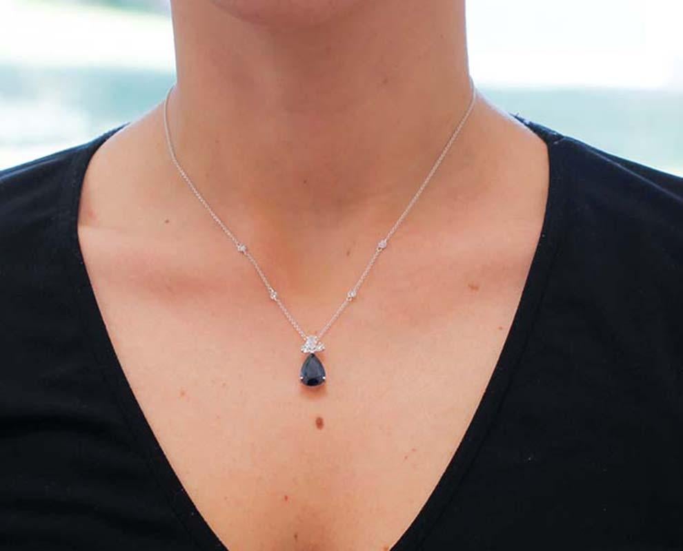 Women's Blue Sapphire, Diamonds, 18 Karat White Gold Pendant Necklace