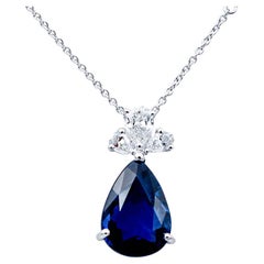 Blue Sapphire, Diamonds, 18 Karat White Gold Pendant Necklace