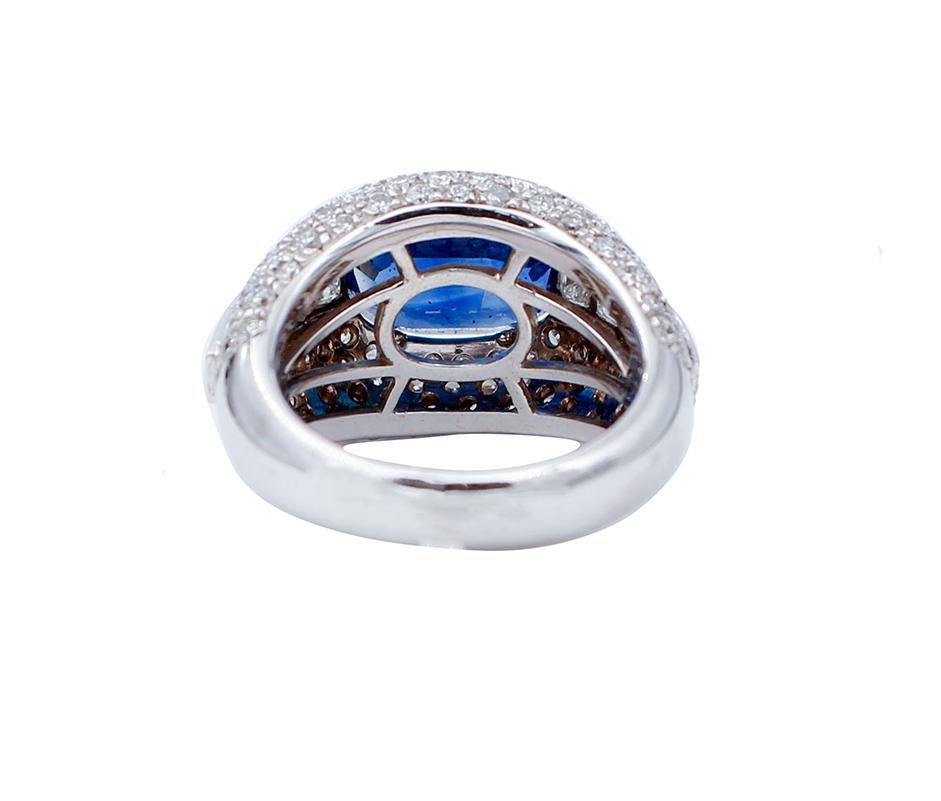 Retro Blue Sapphire, Diamonds, 18 Karat White Gold Ring For Sale