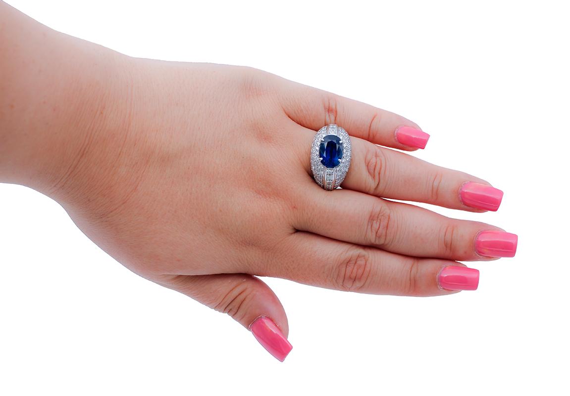 Mixed Cut Blue Sapphire, Diamonds, 18 Karat White Gold Ring For Sale