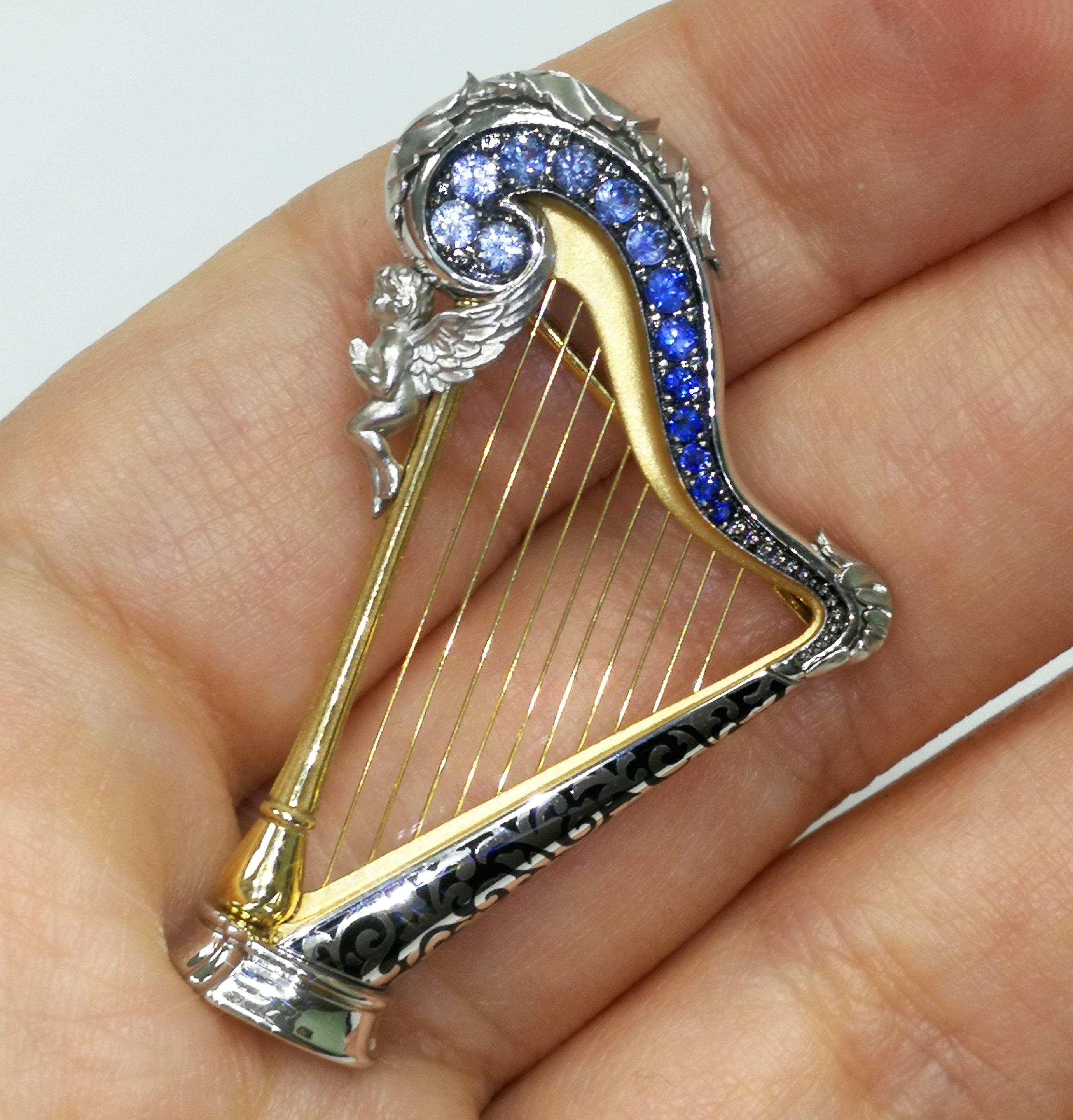 Round Cut Blue Sapphires 18 Karat White Gold Harp Brooch For Sale