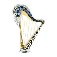 Blue Sapphires 18 Karat White Gold Harp Brooch