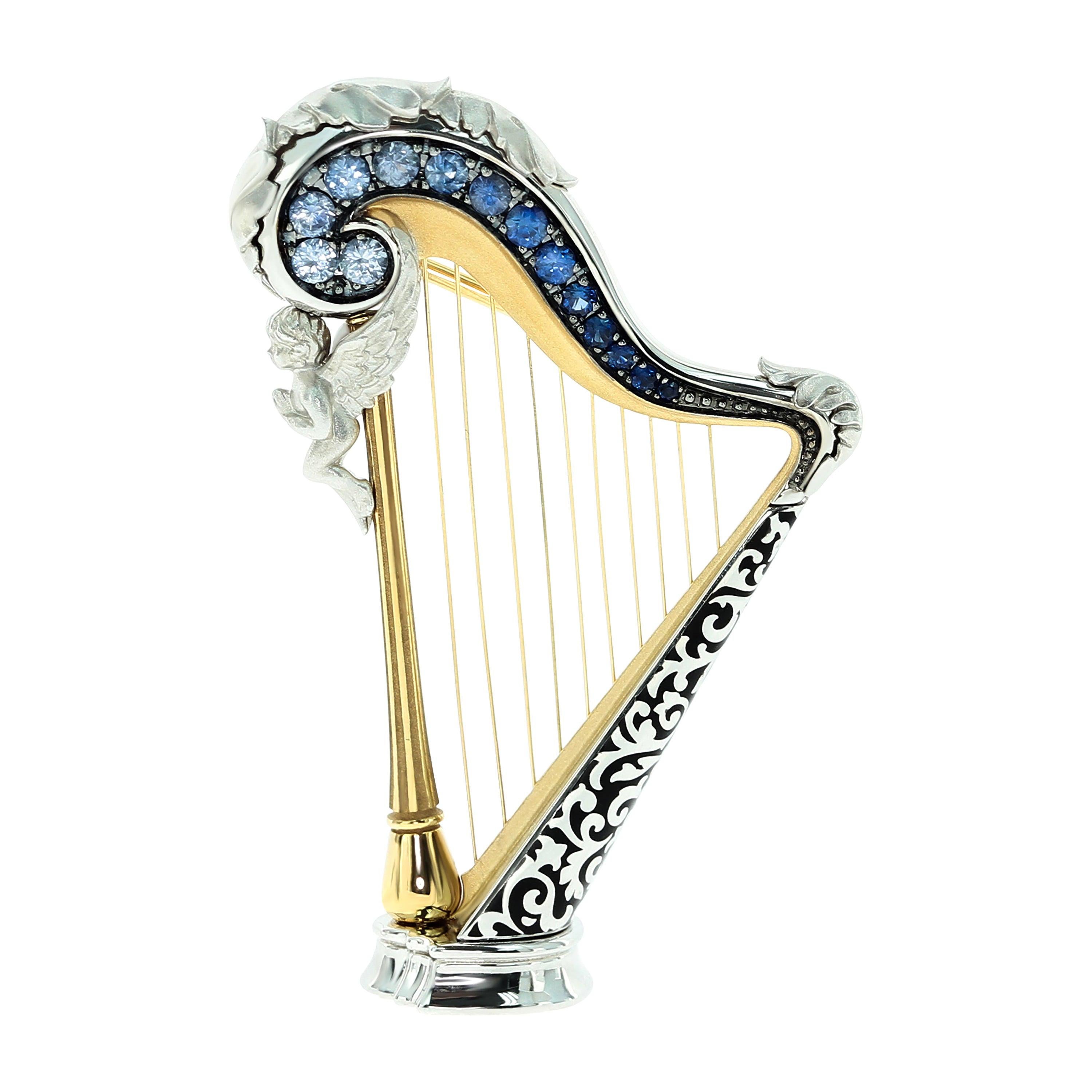 Blue Sapphires 18 Karat White Gold Harp Brooch For Sale