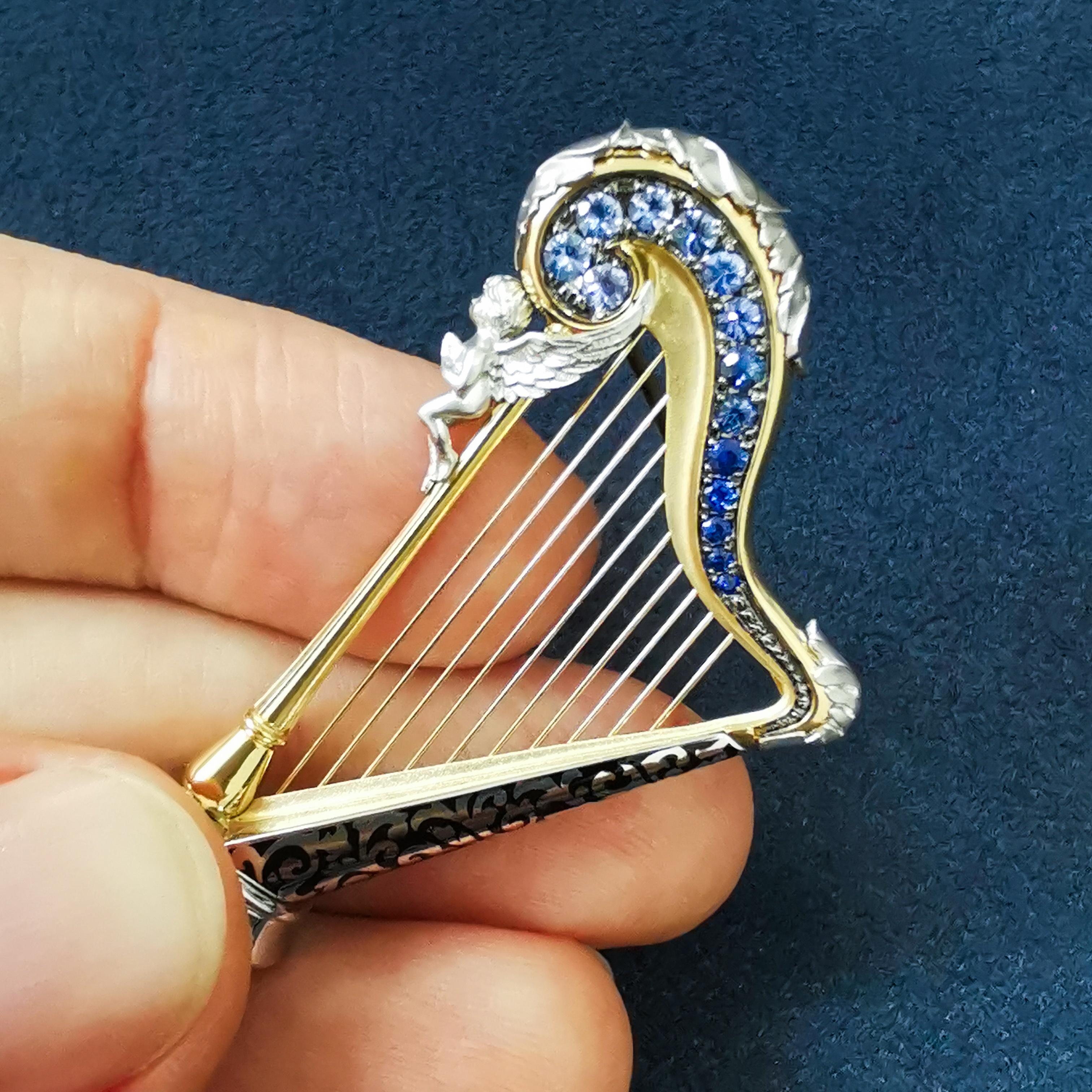 Blue Sapphires 18 Karat White Yellow Gold Harp Brooch For Sale 2