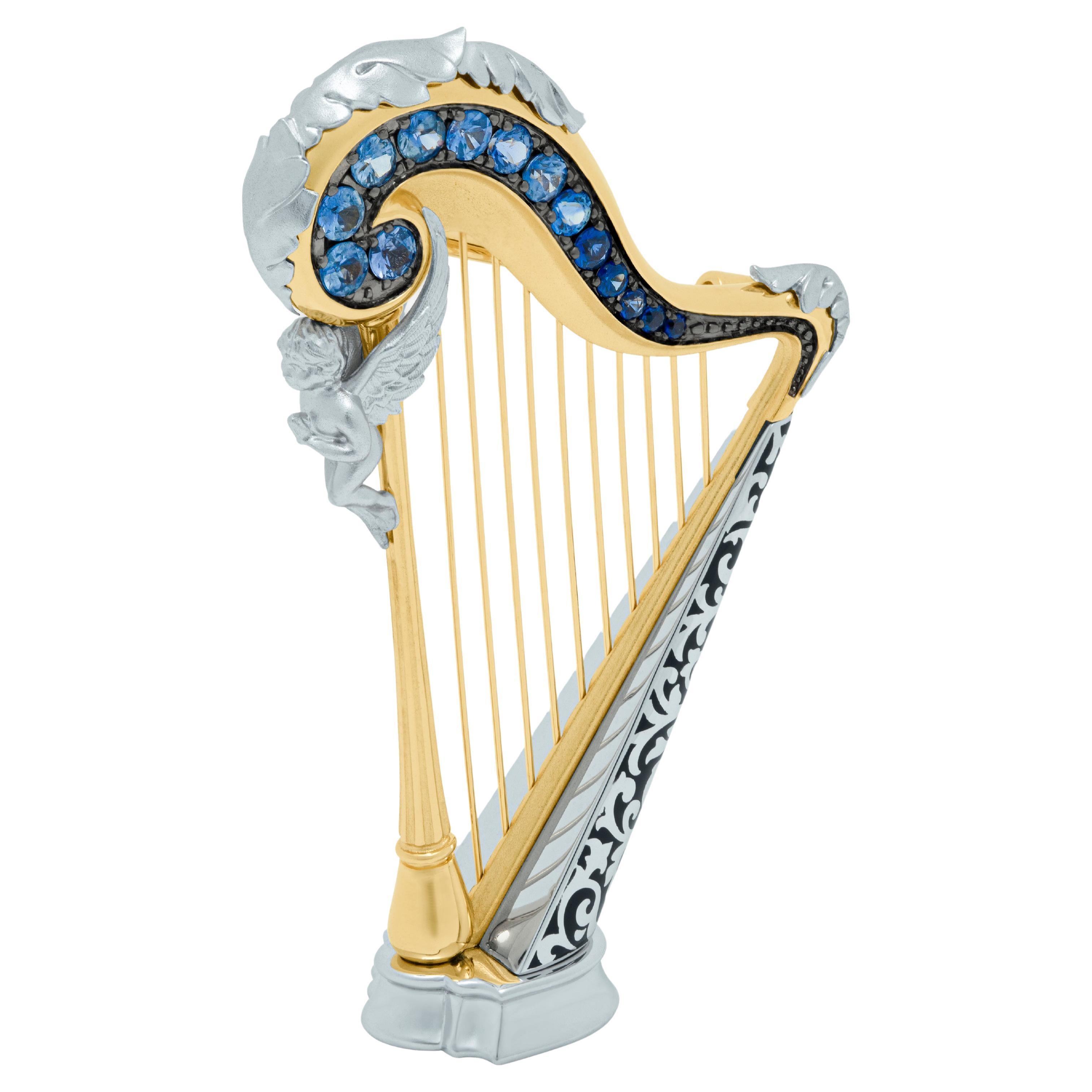Blue Sapphires 18 Karat White Yellow Gold Harp Brooch For Sale